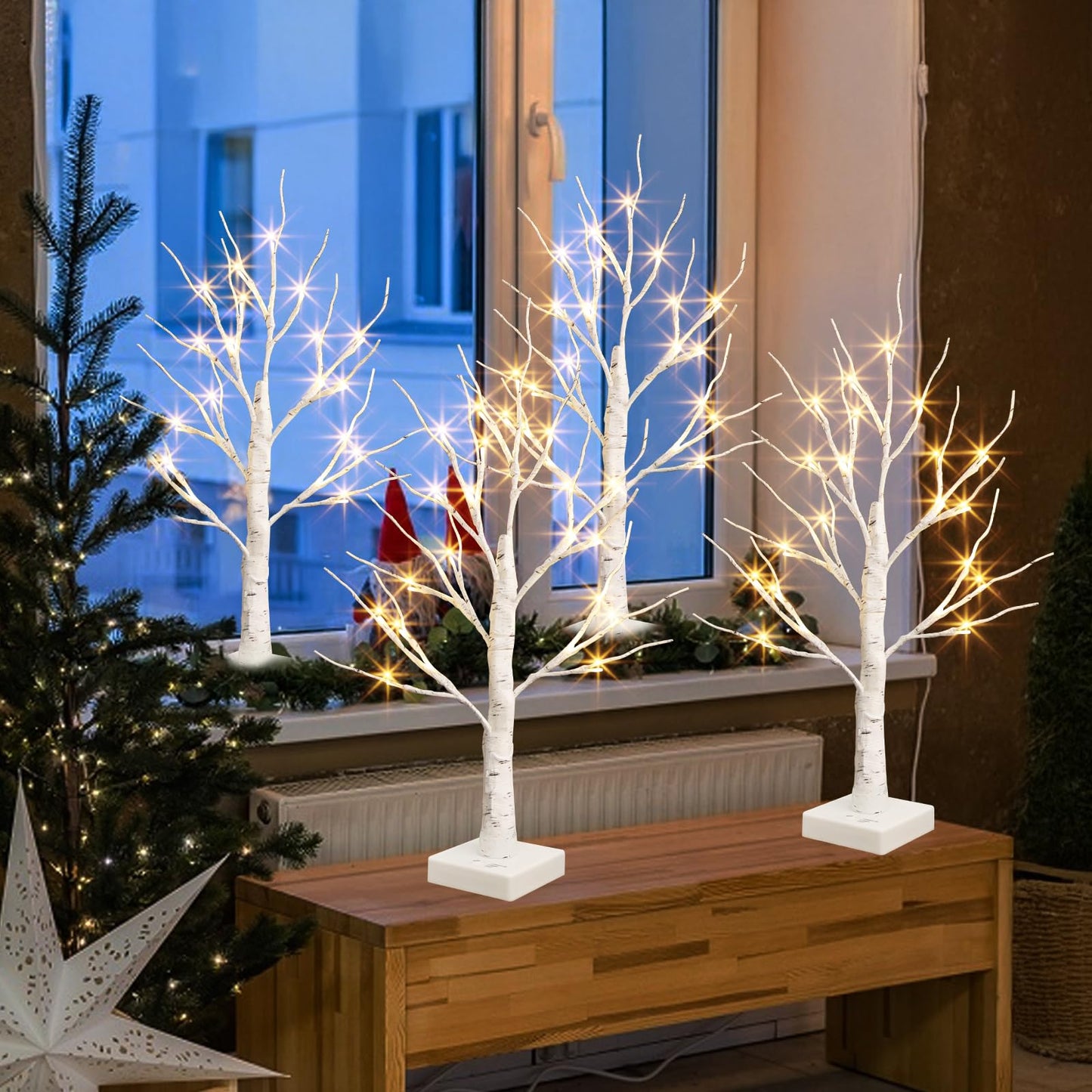 PEIDUO Christmas Decorations for The Home, 2FT BirchTree with LED Lights, Warm White Tree Lamp, Fairy Light Spirit Tree for Room Inside Fireplace Home Decor, Battery Powered, Timer (4PK)