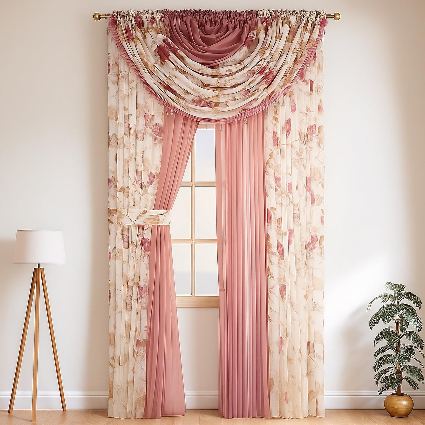 YHSF Sheer Curtains Laura Collection - 4 Panel Set, 84 Inches Long - Elegant Curtains for Bedroom & More - Valances with Beads & 2 tiebacks - 55” x 84" - Easy Install, Multicolor, Floral Rose Taupe