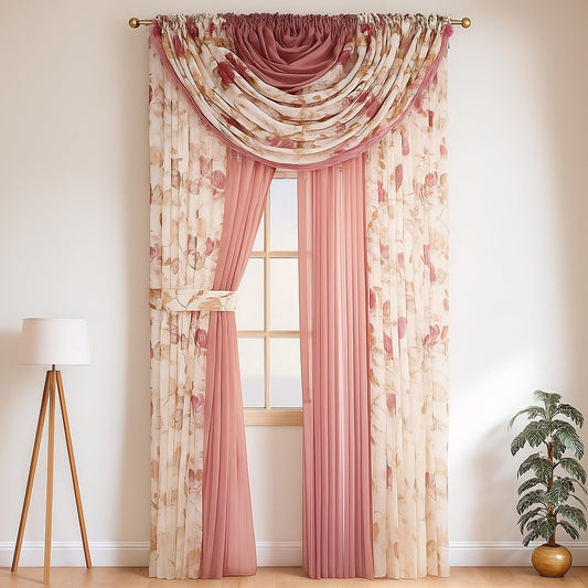 YHSF Sheer Curtains Laura Collection - 4 Panel Set, 84 Inches Long - Elegant Curtains for Bedroom & More - Valances with Beads & 2 tiebacks - 55” x 84" - Easy Install, Multicolor, Floral Rose Taupe