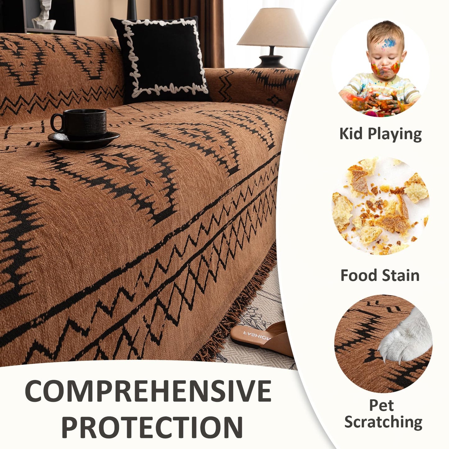 VClife Bohemian Sofa Covers Chenille Couch Cover for Sectional Couch, Soft Non Slip Couch Covers for 2 Cushion Sofa Breathable Sofa Furniture Protector Slip Cover for Couch, Pumpkin, 71"X118"