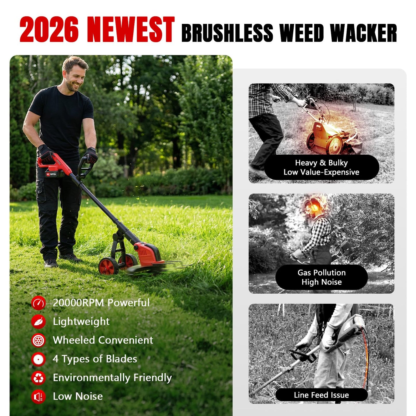 6000mAh Electric Weed Eater Battery Powered,12″ Brushless Electric Weed Wacker Cordless Wheeled String Trimmer,4 in 1 Grass Trimmer/Brush Cutter/Grass Edger/Weed Trimmer 5 Blade, 2 Battery (Red)