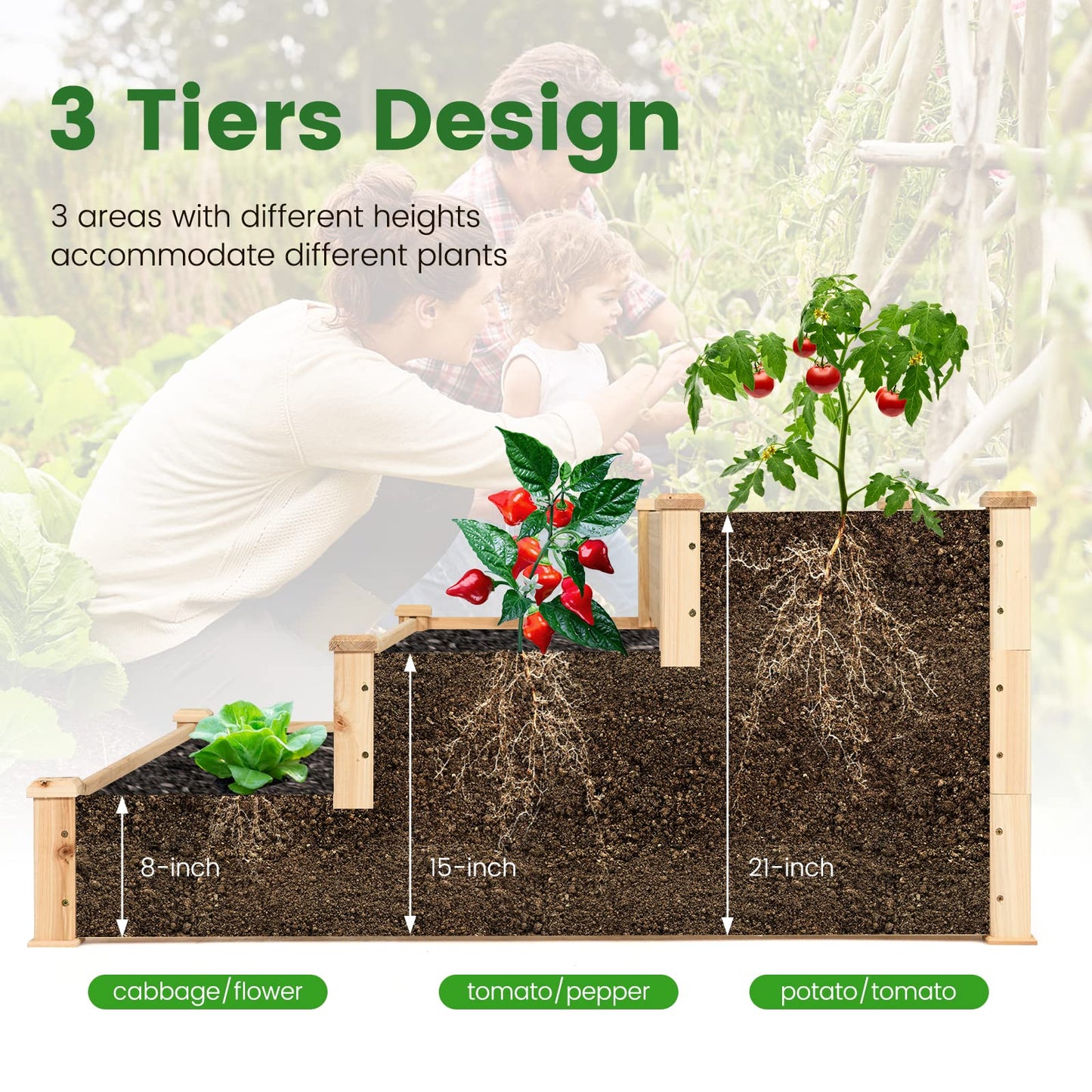 COSTWAY 3-Tier Raised Garden Bed, Wooden Elevated Planter Box for Vegetables Flowers Herbs Fruits, Outdoor Growing Planter Box Stand for Garden, Backyard, Patio, Balcony