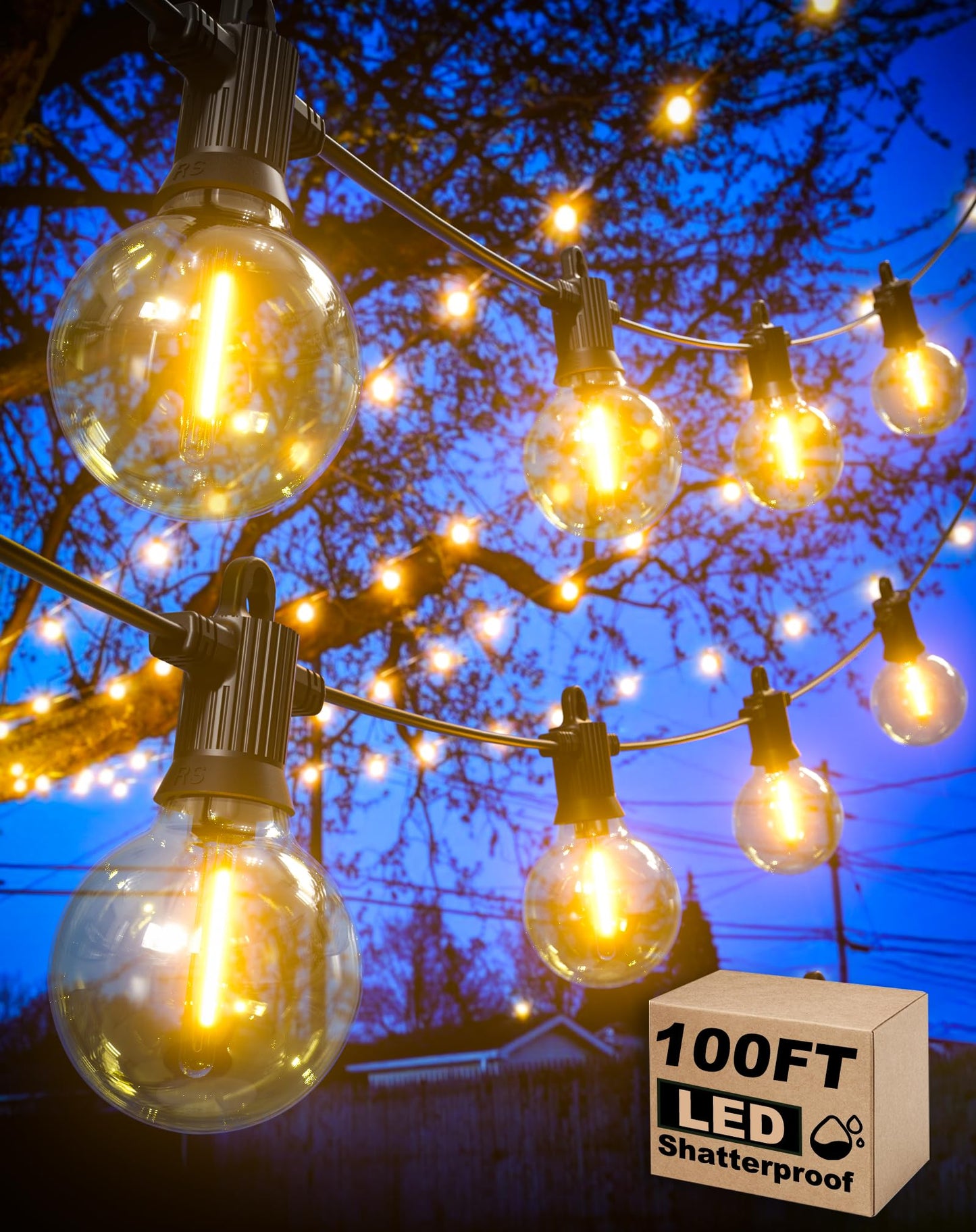 Zuske Outdoor String Lights Waterproof, 100FT LED Patio Lights with 53 Shatterproof G40 Globe Bulb(3 Spare), Connectable Dimmable Outside Hanging Lights for Backyard Porch Balcony Gazebo (2x50FT)