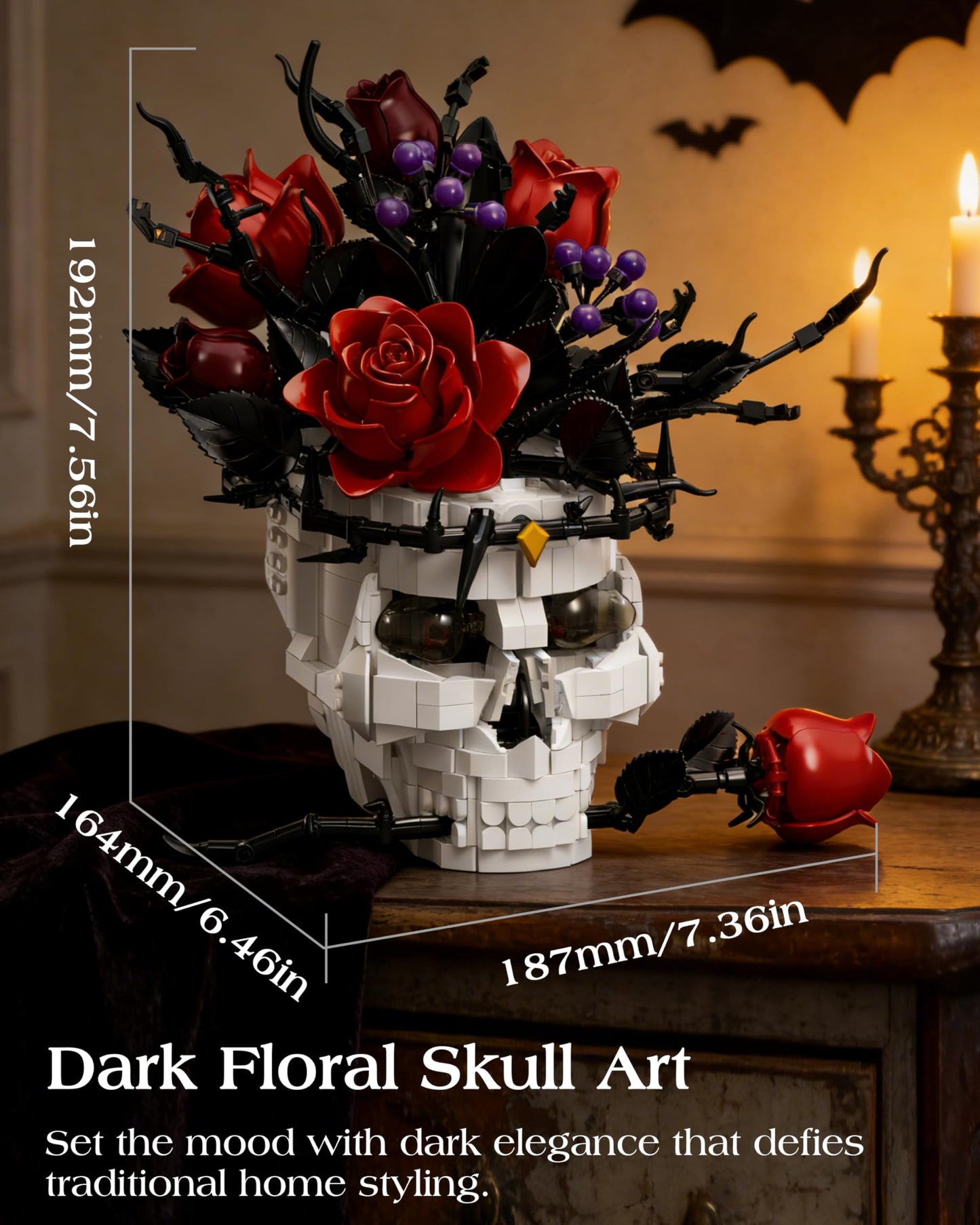 Gothic Skull Rose Building Set for Adults, Skull Home Decor for Table Shelf Centerpiece, Compatible with Lego Skull Flowers Horror Set, Halloween & Valentine's Day Gift for Teens Adult