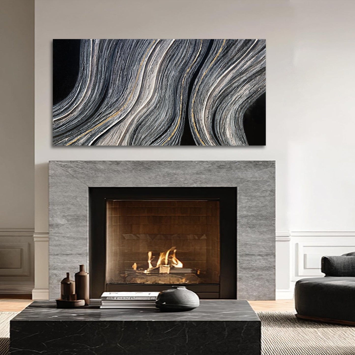 ZUNARE Modern Abstract Canvas Wall Art with Blue Gray and gold Linear Design, Minimal Tonal Artwork Creating a Peaceful Atmosphere for Bedroom Living Room Office Kitchen 24"x48"