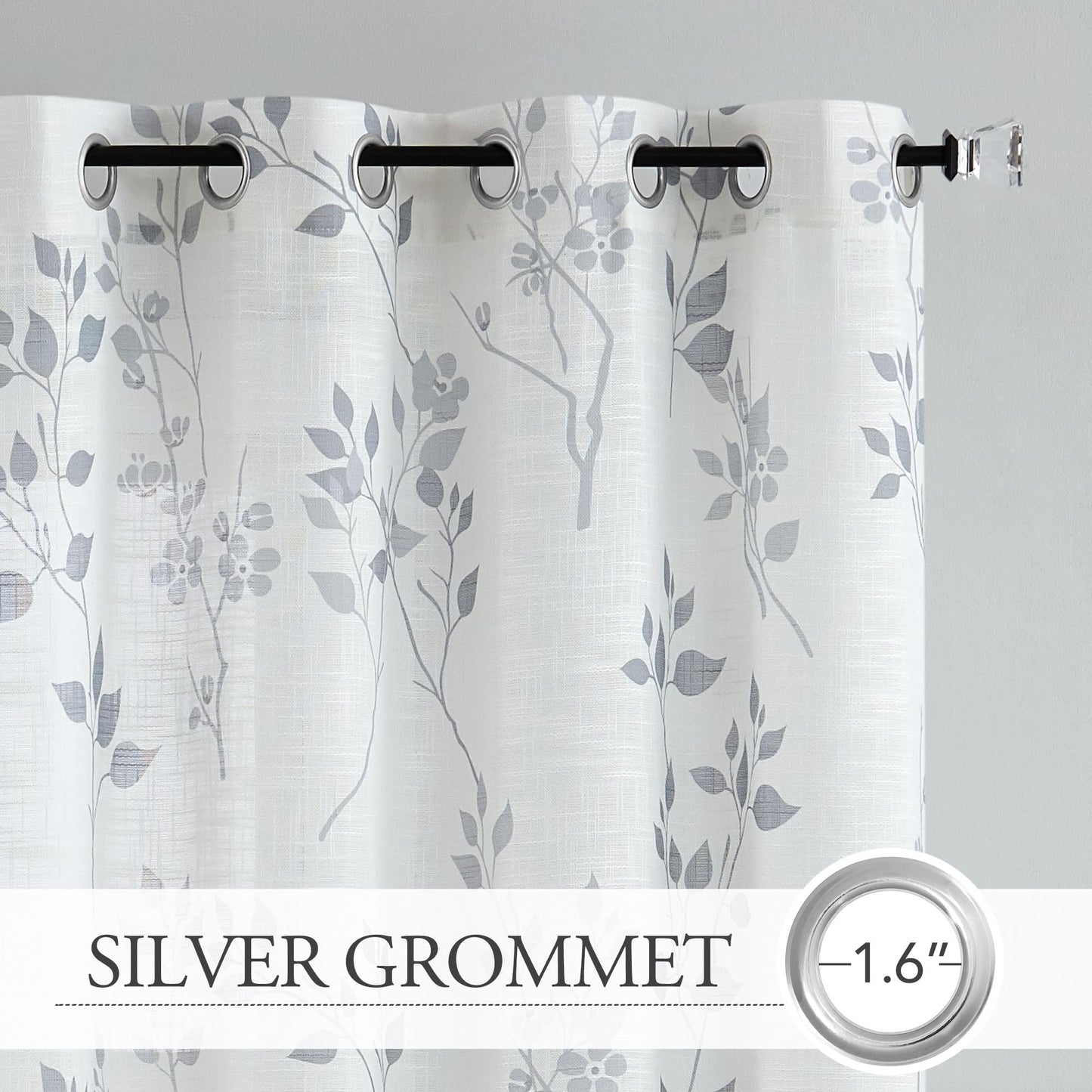 Beauoop Floral Linen Semi Sheer Curtains 84 Inches Long 2 Panels for Living Room Bedroom Grey Farmhouse Flower Patterned Light Filtering Textured Grommet Top Window Treatments Drapes, 50x84 2 Set