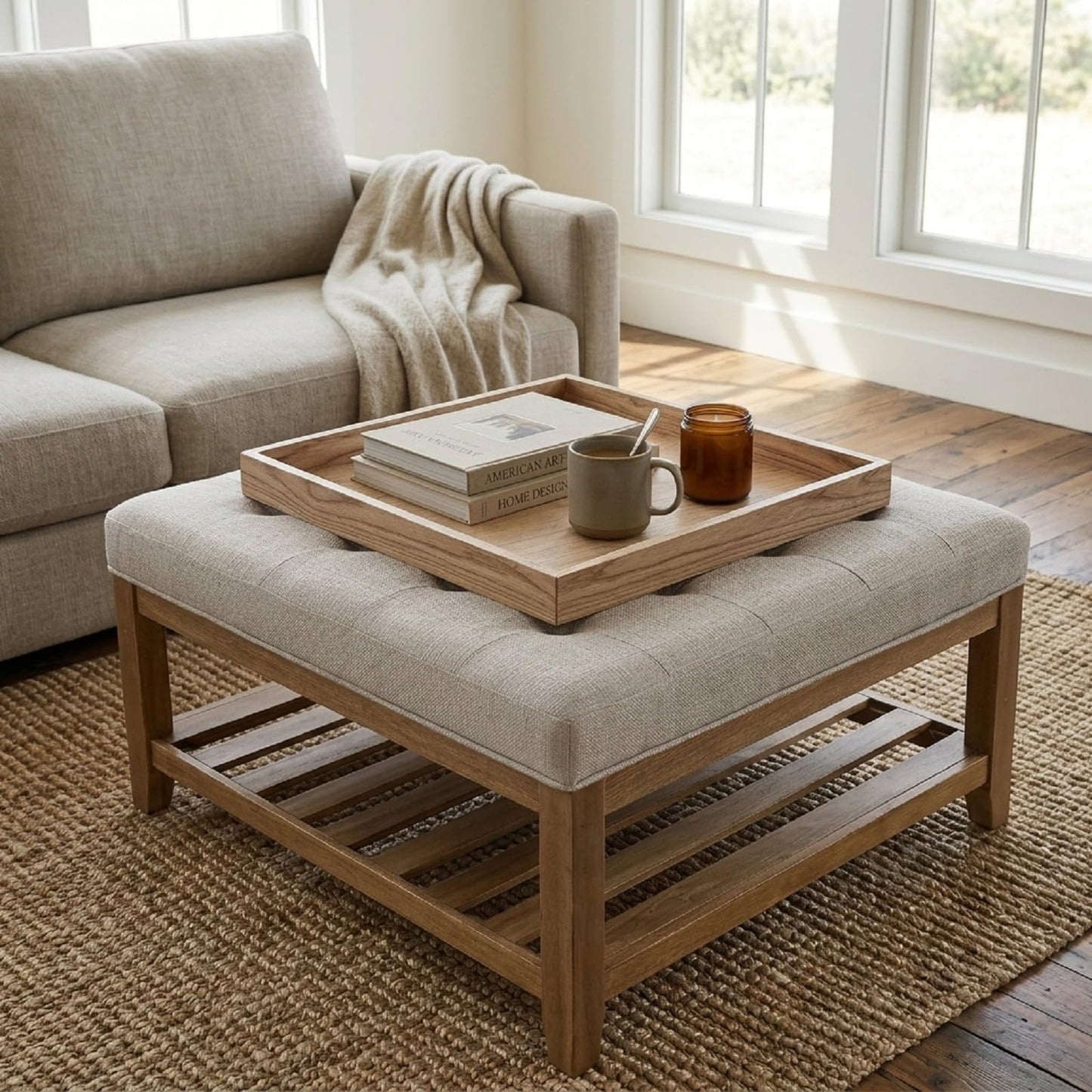 Ottoman Tray for Coffee Table Living Room Wood Serving Tray Large Wooden Square 24 Inches Rustic Torched