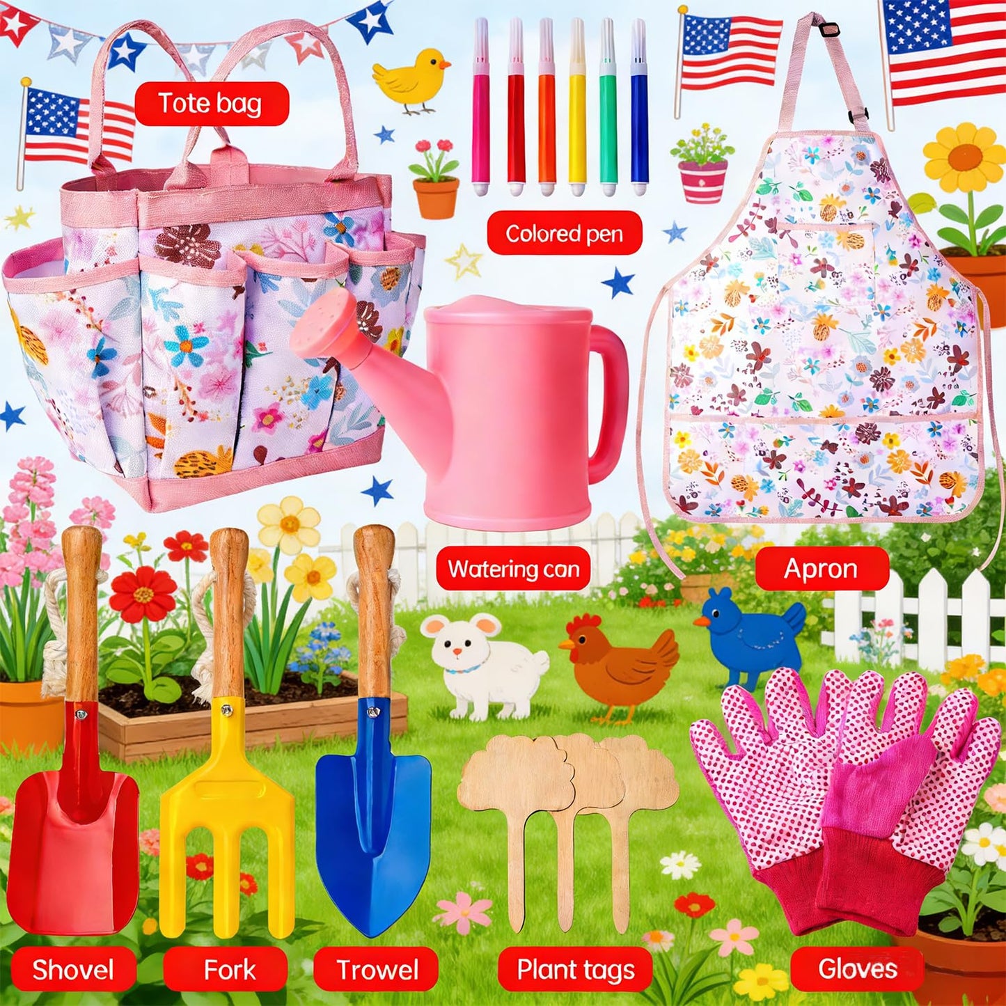 Kids Gardening Set - Gardening Tools for Kids includes Watering Can, Shovel, Rake, Gloves, Waterproof Apron and Garden Tote Bag, Children Garden Tool Outdoor Toys Gifts for Boys Girls Age 3 4 5 6 7 8