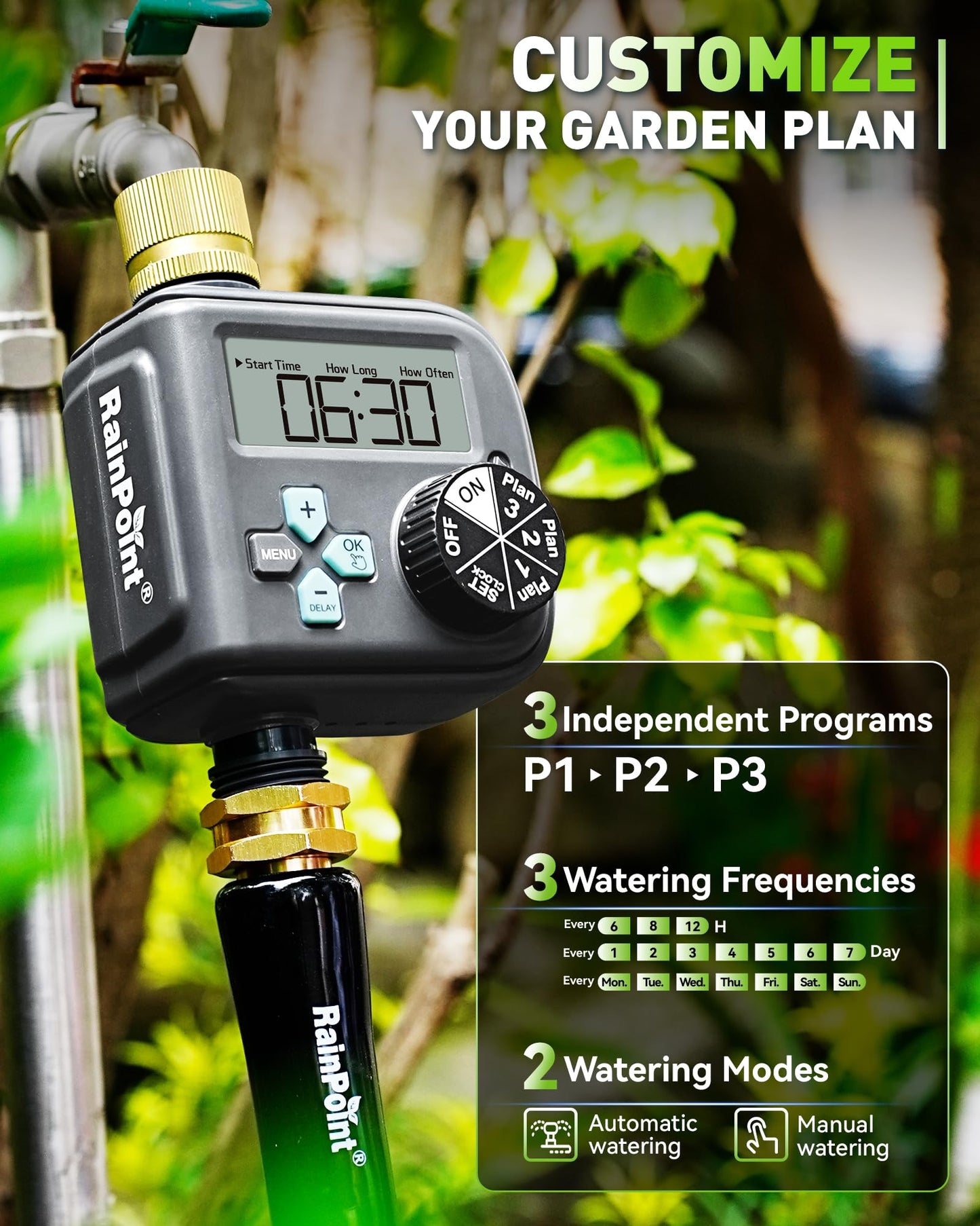 RAINPOINT Sprinkler Timer with 3 Different Programs, Waterproof Hose Timer Brass Inlet with Rain Delay/Manual/Automatic Irrigation System, 1 Outlet