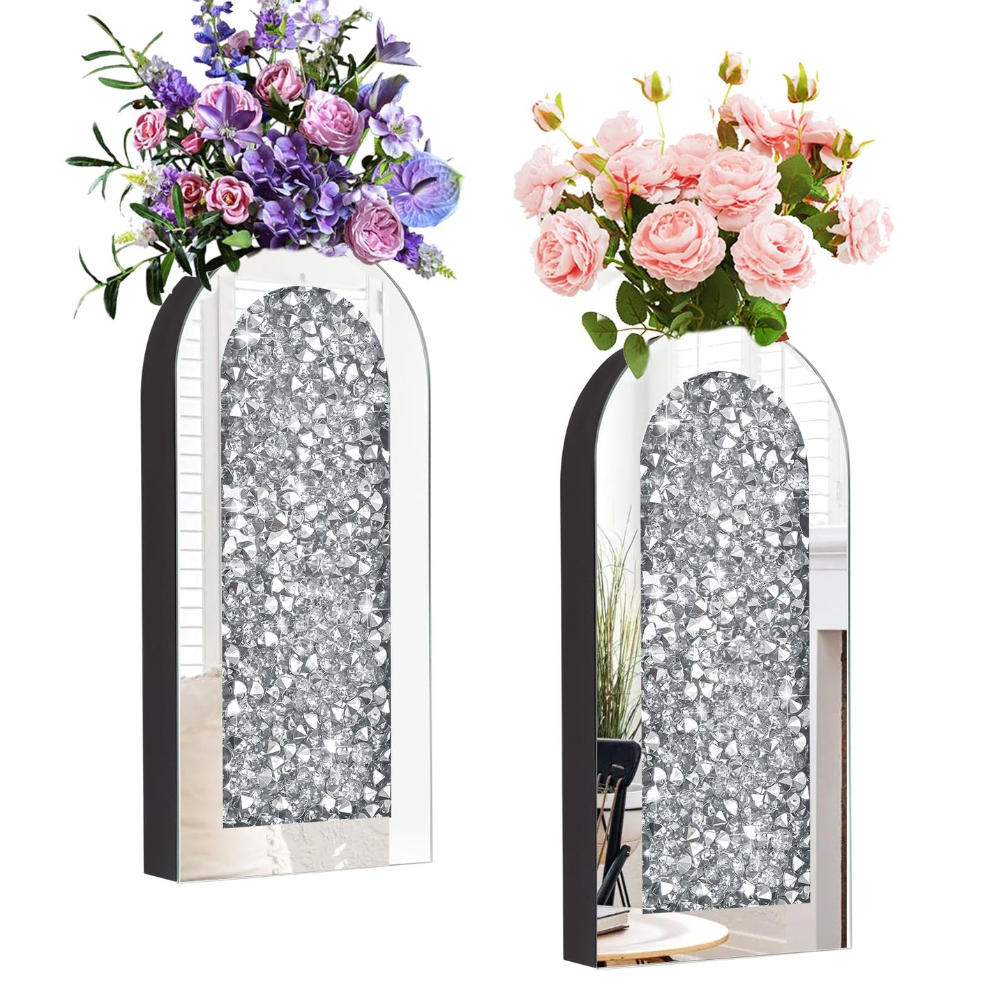 Set of 2 Crushed Diamond Wall Mirror Vases Bling Crystal Rhinestones Hanging Home Decor for Living Room Bedroom Wedding Housewarming Gift