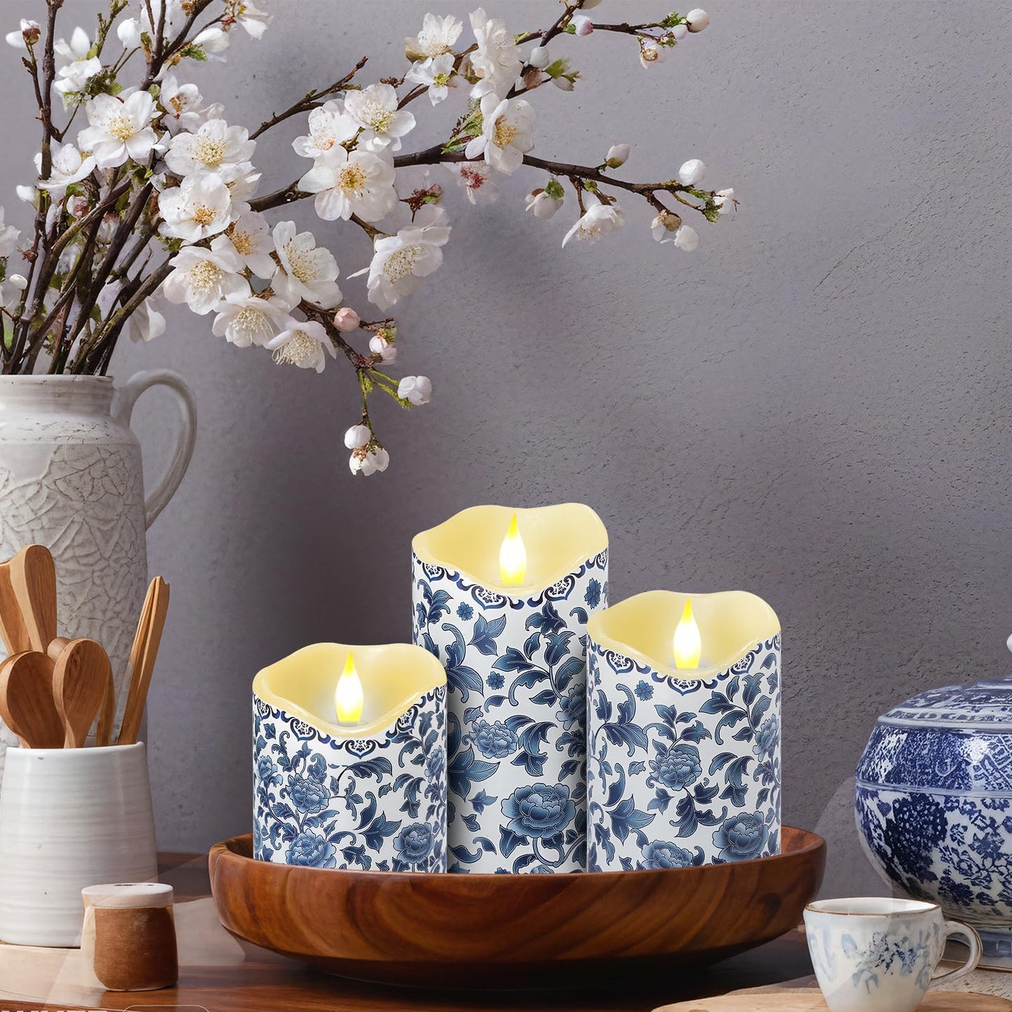 Lebaley 3PCS Chinoiserie Flameless Candles – Blue and White Porcelain Candles with Remote,Floral Battery Operated LED Candles,Blue Pillar Candles Chinoiserie Decor for Home Weddings Party Festivals
