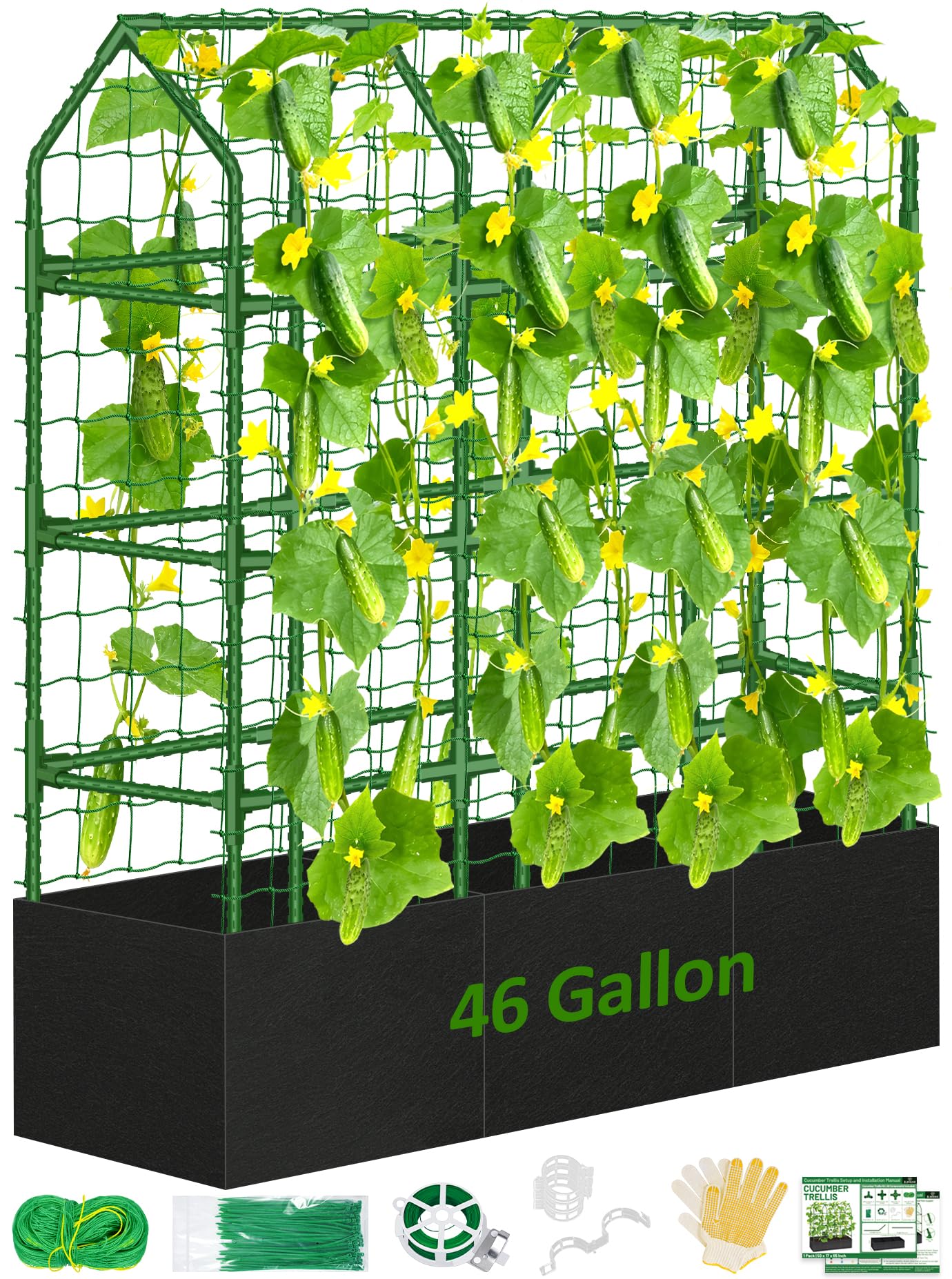 Sunwinx 50x65 Inch Cucumber Trellis for Raised Beds with Grow Bag, V-Frame Metal Plant Garden Trellis for Climbing Plants Outdoor with Climbing Net for Tomato Vegetable Grape Vine Bean Pea Squash