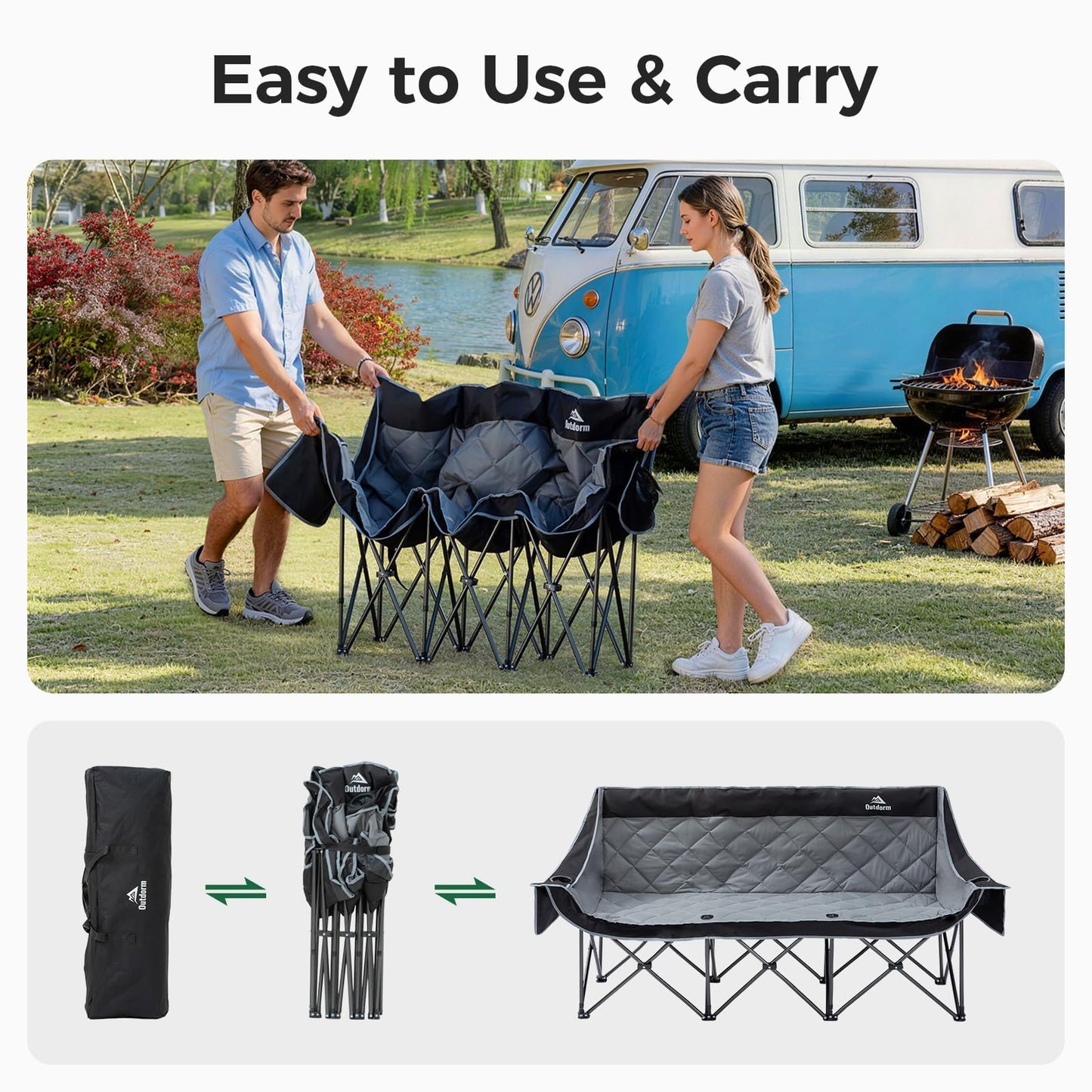 3 Person Camping Chair Oversized Padded Loveseat Camping Chairs Heavy Duty Folding Outdoor Couch with Cup Holder & Phone Side Pocket Extra Wide Outdoor Loveseat for Camping, Tailgating, Lawn Black
