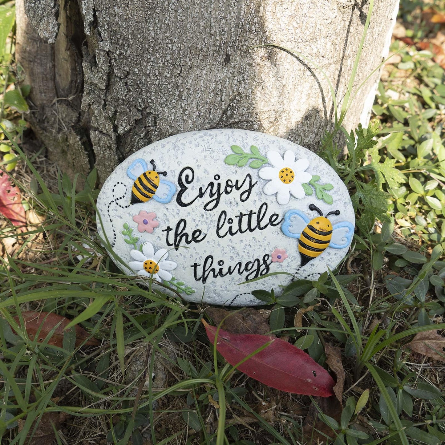 Bechivie Spring Decorative Garden Stones Outdoor, 6x4.1In Enjoy The Little Things Bee Stone with White Flower, Concrete Stepping Stones for Walkway Pathway Yard Outside