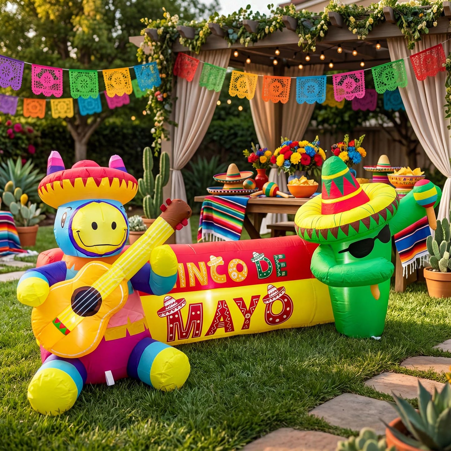 6.5FT Long Cinco De Mayo Inflatables Outdoor Decorations, Guitar Donkey & Maraca Cactus, Mexican Fiesta Blow Up Yard Decor for May 5 Taco Party, Lawn Garden Indoor Outdoor