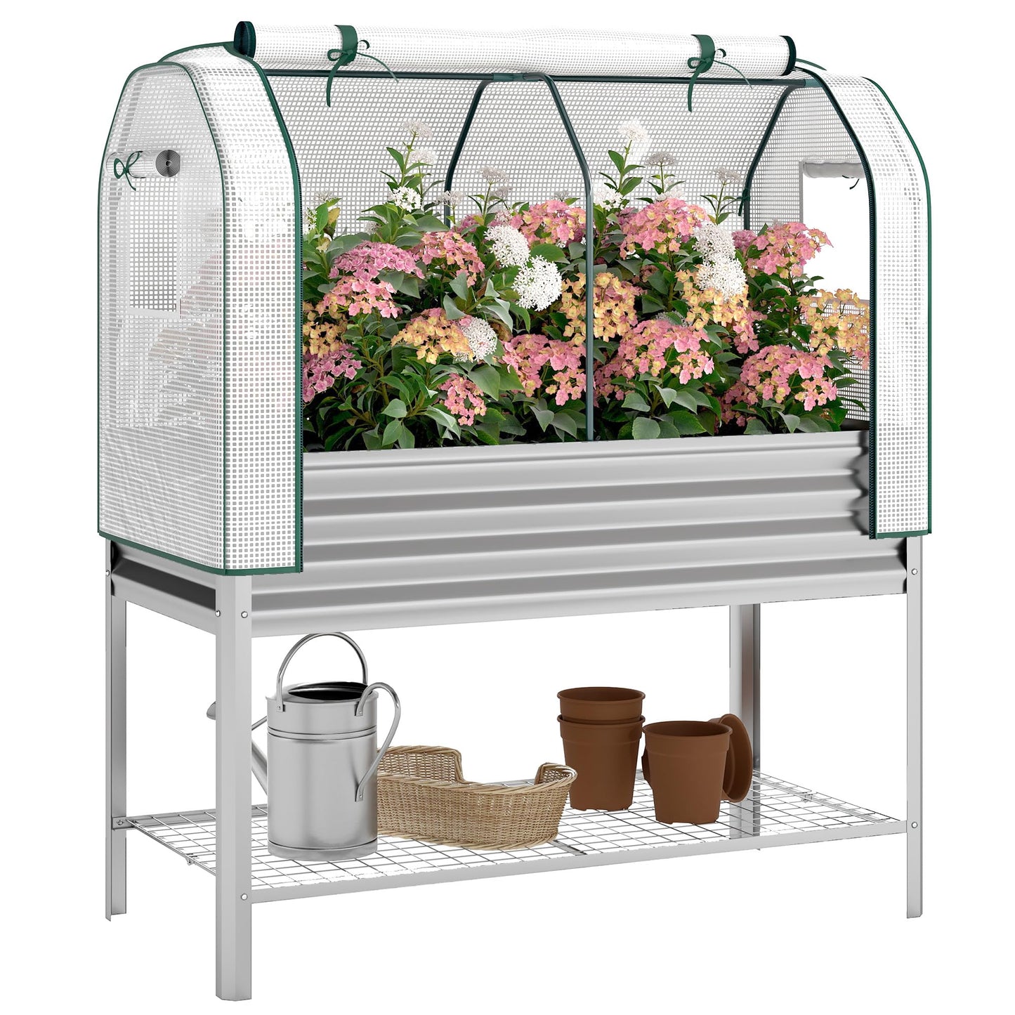 Outsunny Galvanised Raised Garden Bed with Greenhouse Cover, Metal Elevated Garden Bed with Legs, Bed Liner and Bottom Shelf, Outdoor Raised Planter Box for Vegetables, Herbs, Flowers, Silver