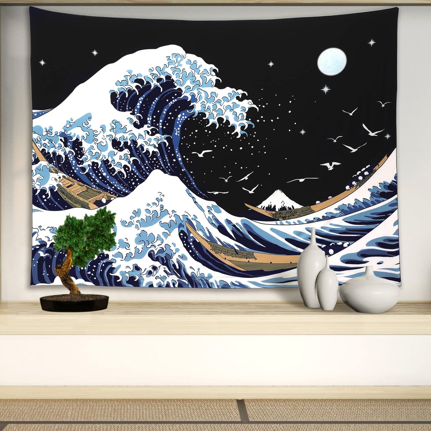 Pentasmile Wall Tapestry for Bedroom Aesthetic Japanese The Great Wave off Kanagawa Tapestries Large Trippy Tapestrys Black Art Tapistry Wall Hanging Decor Ceiling Tapastry (51ʺ × 59ʺ)