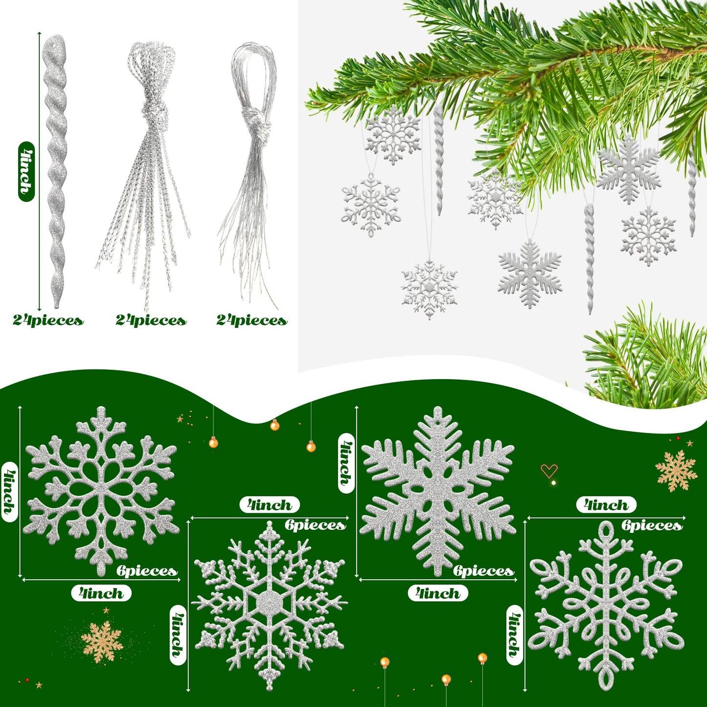 Skylety 48 Pieces Christmas Icicle Ornaments for Tree Glitter Snowflake Hanging Decorations with Aluminum Spiral Strip Hangings for Window Door Home Wedding Winter Snow Party(Silver)
