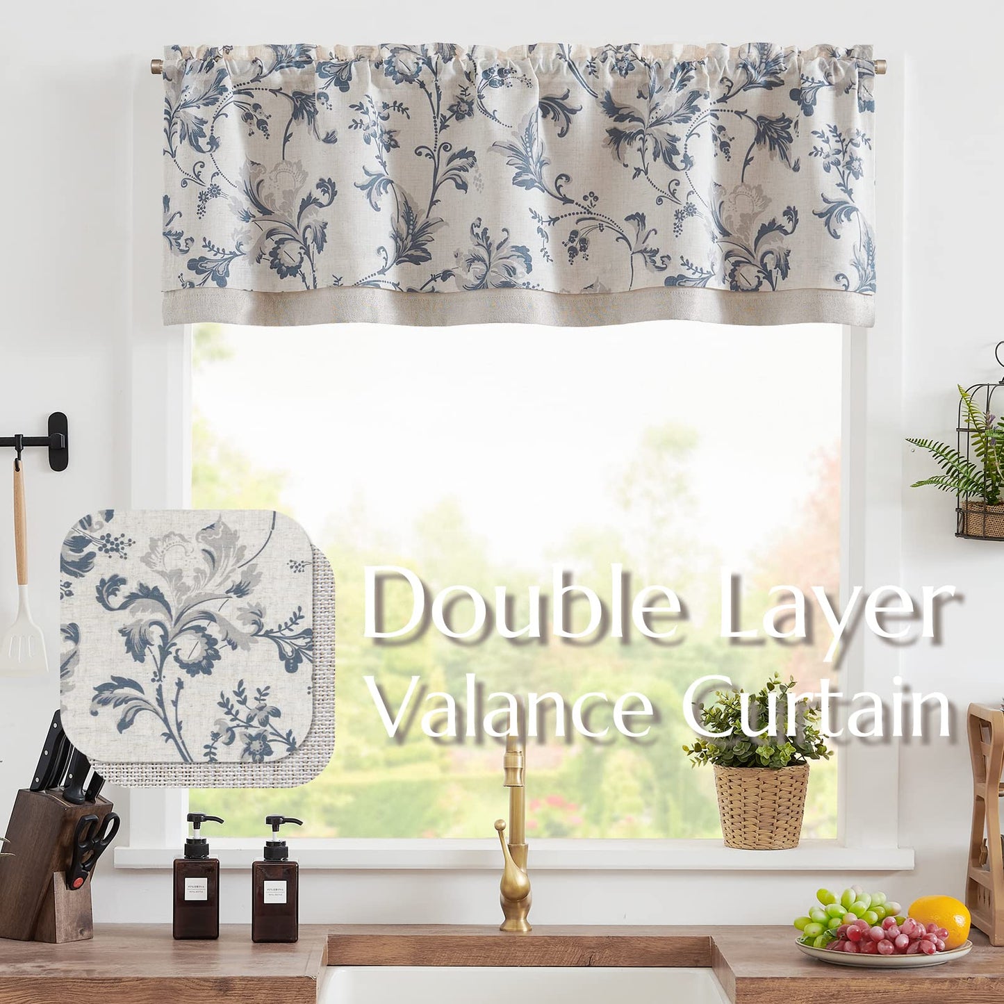 jinchan Linen Valance Curtain Farmhouse Window Decor Floral Print for Kitchen Living Room Double Layer Blackout Valance 18 Inches Rustic Window Treatment 1 Panel Rod Pocket Blue on Beige
