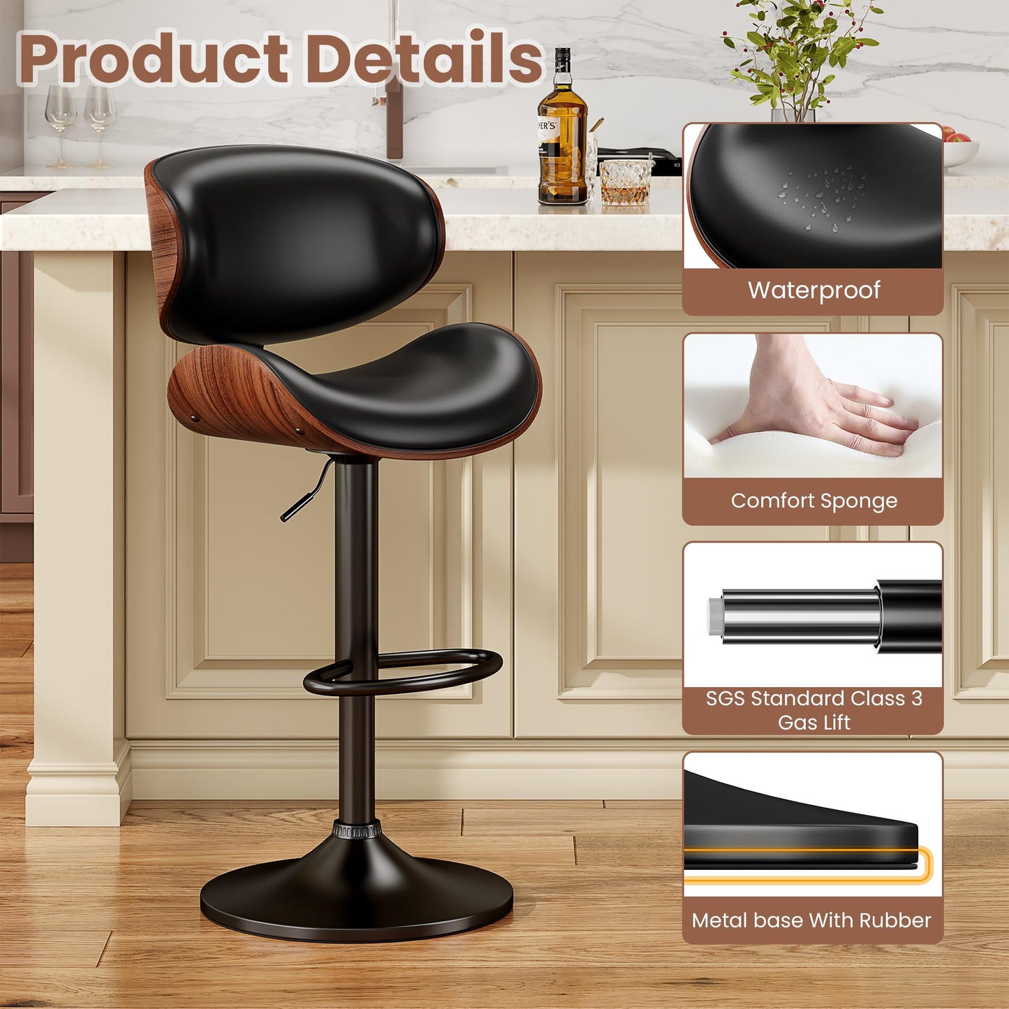 YaFiti Swivel Bar Stools Set of 2 for Kitchen Counter, Adjustable Bentwood Barstools, Modern PU Leather Upholstered Bar Chair with Back and Footrest, for Bar, Kitchen, Dining Room, Black