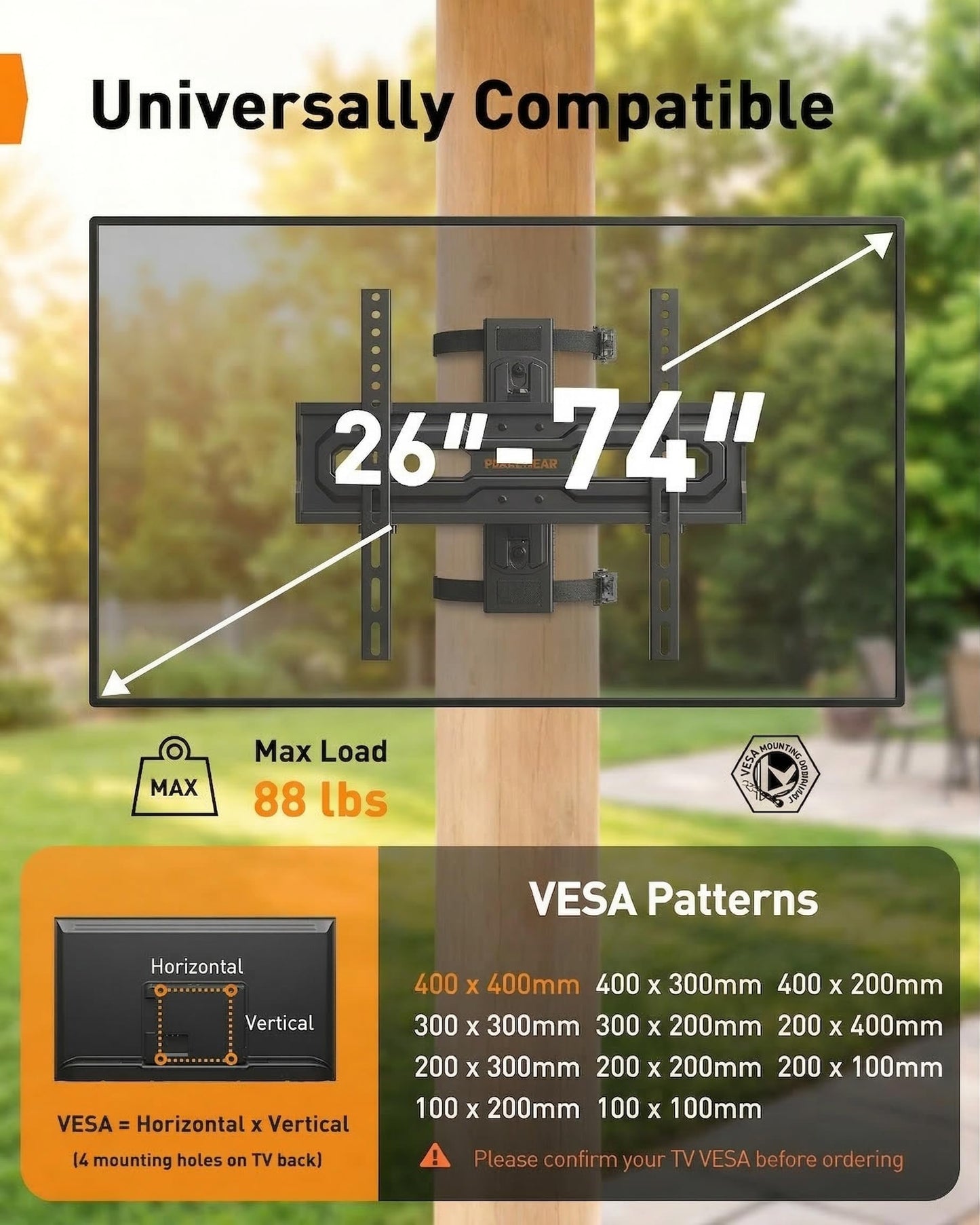 Perlegear Gazebo TV Mount for Most 26"-74" TVs, No Drill Pillar TV Mount for Round & Square Columns, Full Motion TV Post Mount for Gazebo, Pole, Patio & Pergola, Holds up to 88 lbs, Max VESA 400x400mm