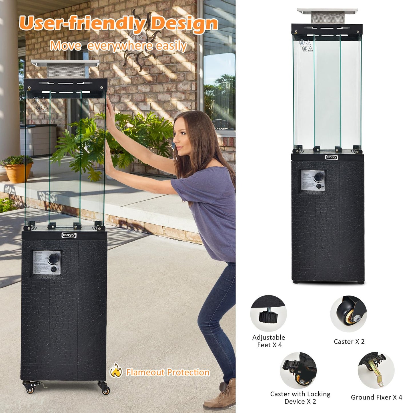 Tangkula 41,000 BTU Propane Patio Heater with Waterproof Cover, Outdoor Heater with Lockable Wheels, Adjustable Feet, Tempered Glass Tube, Suitable for Garden Porch Patio Deck (Black)