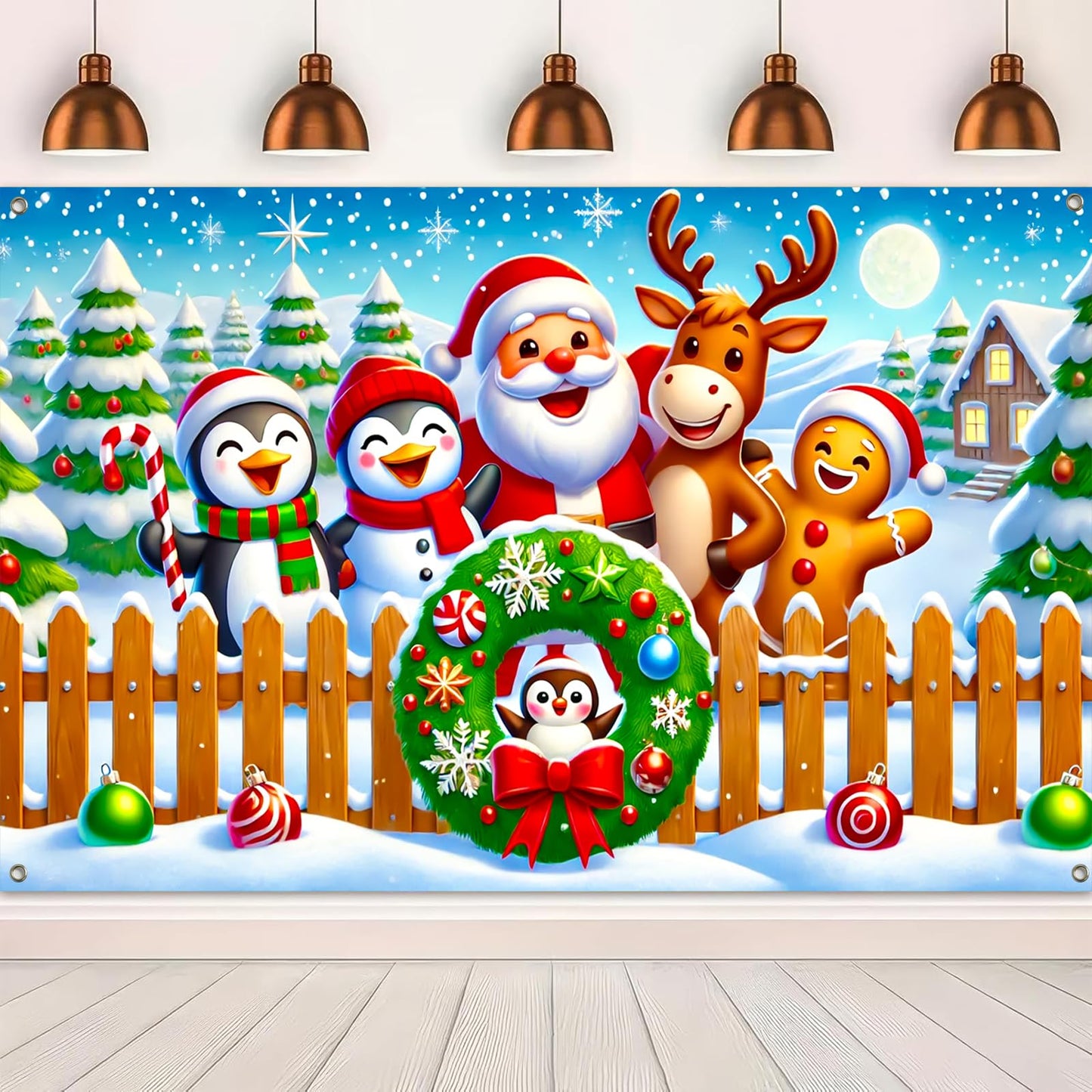 BlissYard Christmas Banner with Santa Claus Penguin Reindeer Gingerbread Snowman Scene Christmas Banner 71x43 Inch Cute Cartoon Holiday Backdrop for Xmas Party Indoor Outdoor Wall Yard Fence Decor