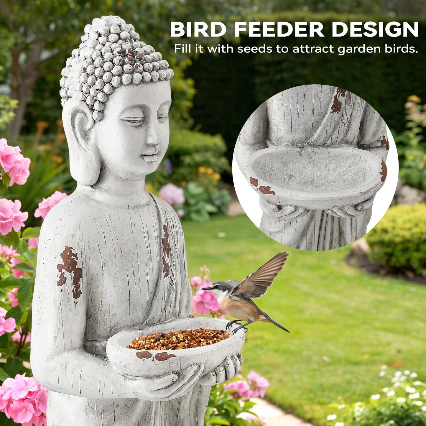 Ultym 42" Extra-Large Buddha Outdoor Statue with Birdfeeder, Tall Zen Meditative Buddha Figures, Durable Weatherproof MGO Sculpture for Garden, Patio, Yard, Porch or Indoor Home Decor