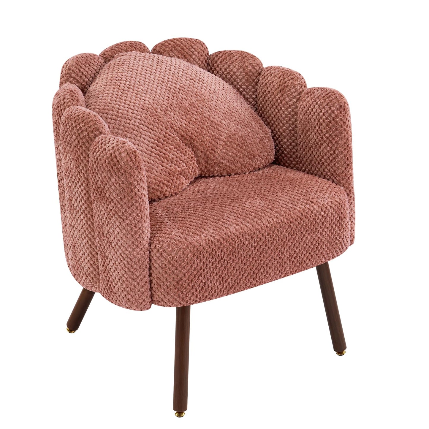Furniliving Pink Vanity Chair, Velvet Accent Chair for Living Room, Shell Chairs with Wooden Legs, Makeup Chair for Bedroom, Armchair Cute Petal Reading Chair with Pillow