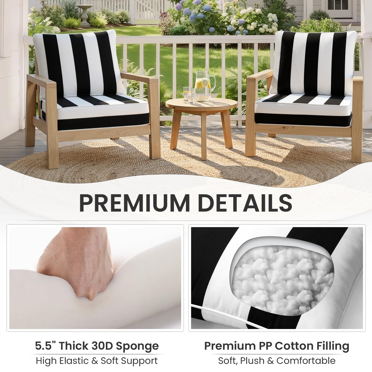 CRESTLIVE 5.5" Thick Deep Seat Patio Chair Cushions 24x24 Set of 2, Waterproof Outdoor Replacement Cushions for Wicker Sofa and Couch, Fade Resistant, Black White Striped
