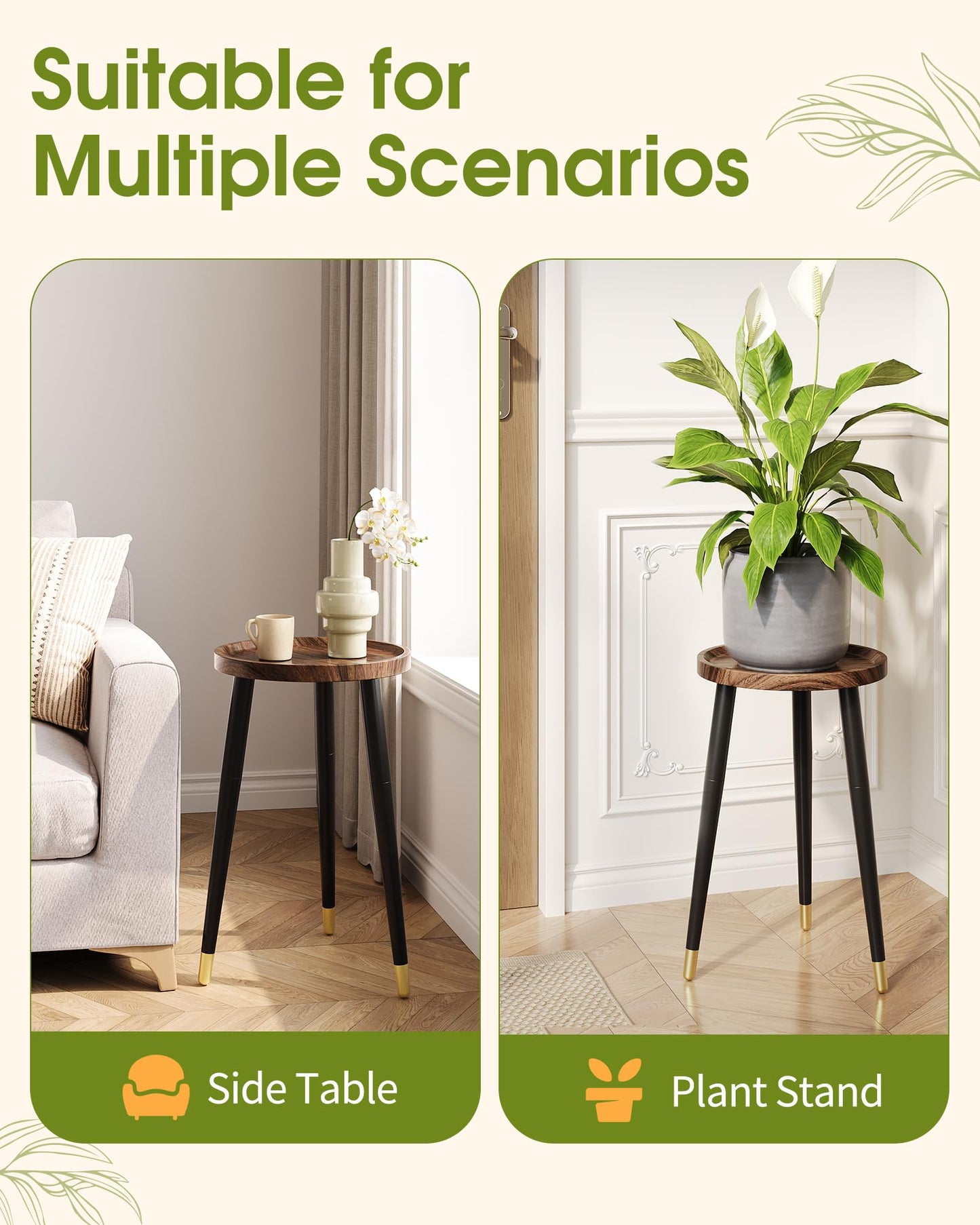 AZADESJET Plant Stand Indoor 2 Pack, Wood Mid Century Indoor Plant Stand, Tall Plant Stands for Flower Pot, Modern Plant Table, Small Side End Table With Raised Design, Walnut, 11.7"x18.8" & 11.7"x13"