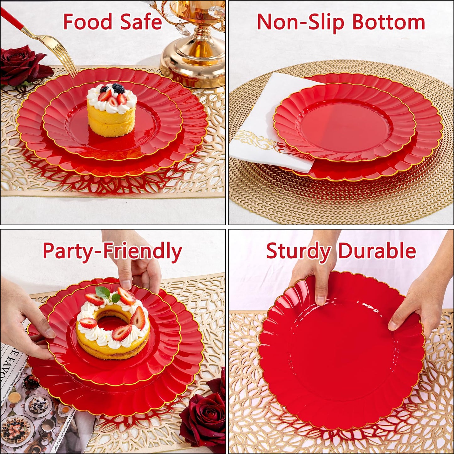Ciaell 175 PCS Red Scalloped Plastic Plates with Gold Trim - Red Plastic Silverware with Handle - Fancy High-End Dinnerware Sets for Wedding & Party & Mother's Day