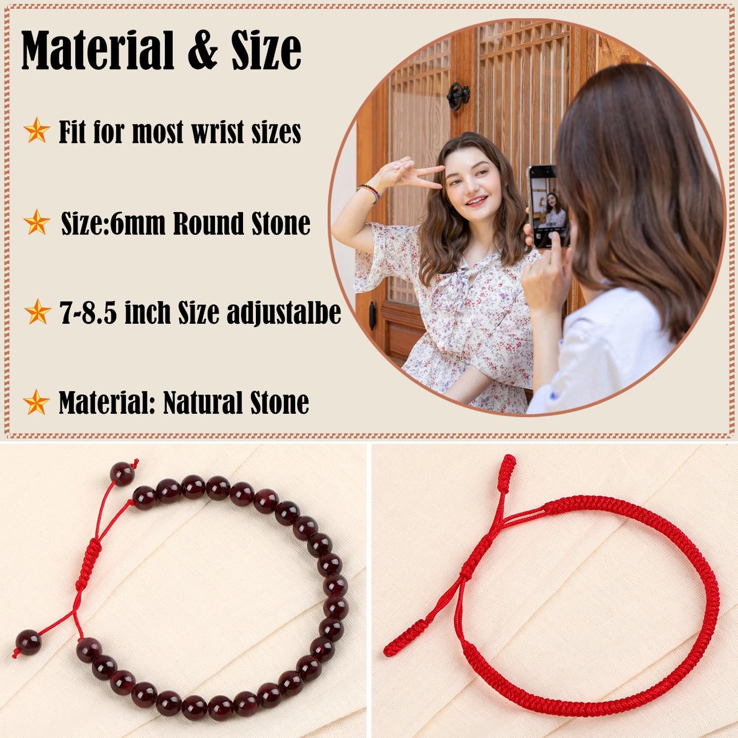 LPBeads 6mm Garnet Bracelet with Handmade Rope Bracelet Size Adjustable Natural Stone Crystal Healing Bracelets Gifts for Unisex Adults