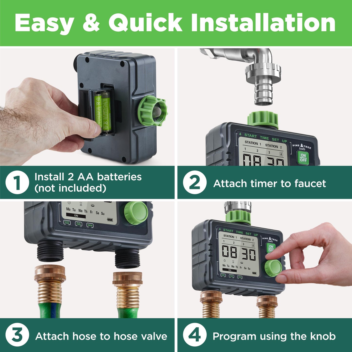 Pine Tree Tools Hose Timer - Programmable Water Timer for Garden, Automatic & Manual Watering System, Outdoor Faucet for Lawn, Garden & Yard, Battery Operated, 2 Outlet Hose Watering