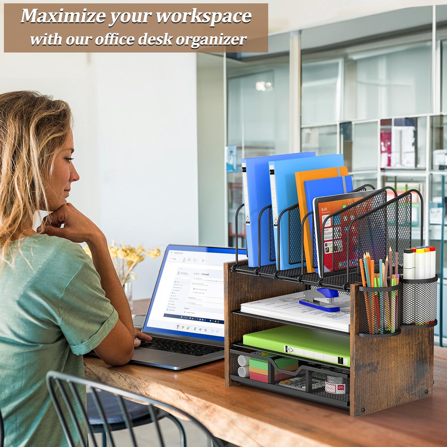 DAOUTIME 4-Tier Mesh Desk Organizer, Wooden Desk File Organizer with 5 Vertical File Holders and 2 Pen Holders, Desktop Organizers and Accessories with Drawer for Home Office