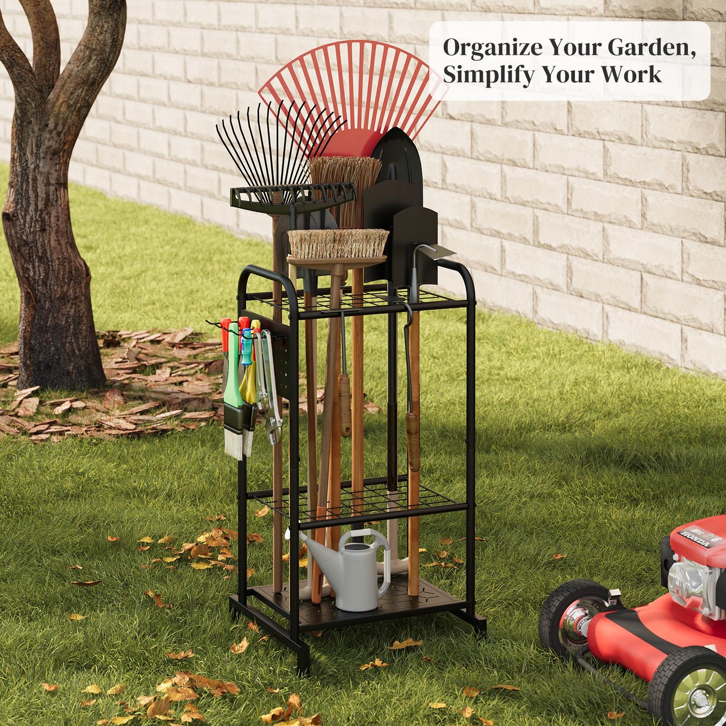 PULIJIAJU Garden Tools Organizer Rack, Yard Tool Rack, Heavy Duty Steel Yard Tool Organizer and Storage Holder Broom Holder for Shed, Patio, Outdoor (Rack with Hooks)