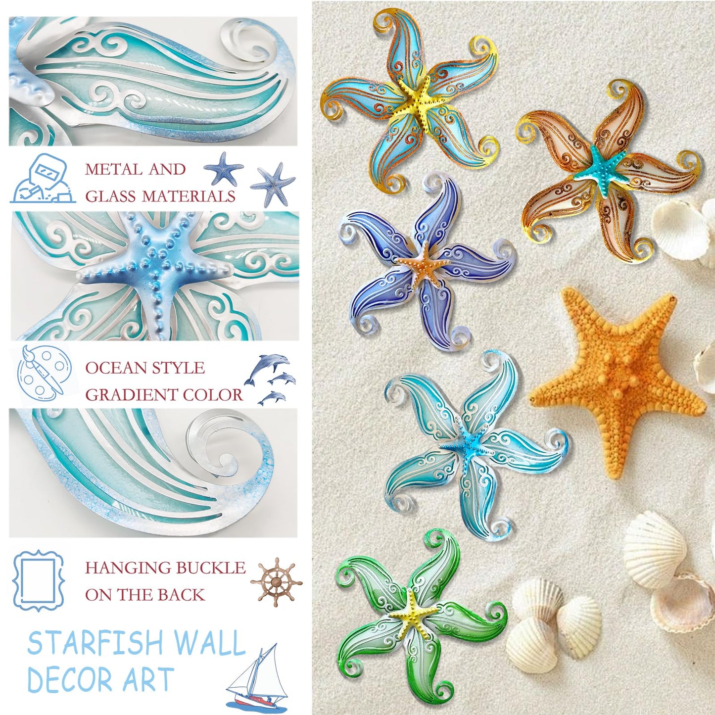 POXOHO Starfish Coastal Wall Decor Art, Starfish Beach Theme Bathroom Decor for Bedroom House Home, 12" Hanging Glass Sculpture, Beach Wall Art Ocean Gifts for Women & Men (Sky Blue)