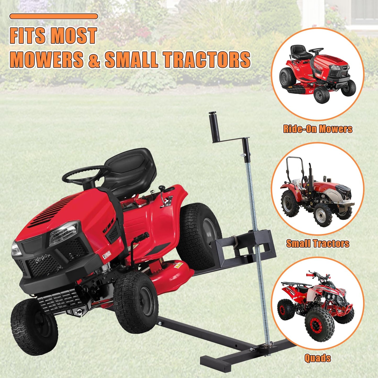 Wishtofly Lawn Mower Lift Jack, 880 Lbs Weight Capacity Heavy-Duty Telescopic Maintenance Lifter with Crank & Power Tool Handle, Foldable & Easy Assembly, Ideal for Lawn Mowers and Garden Tractors