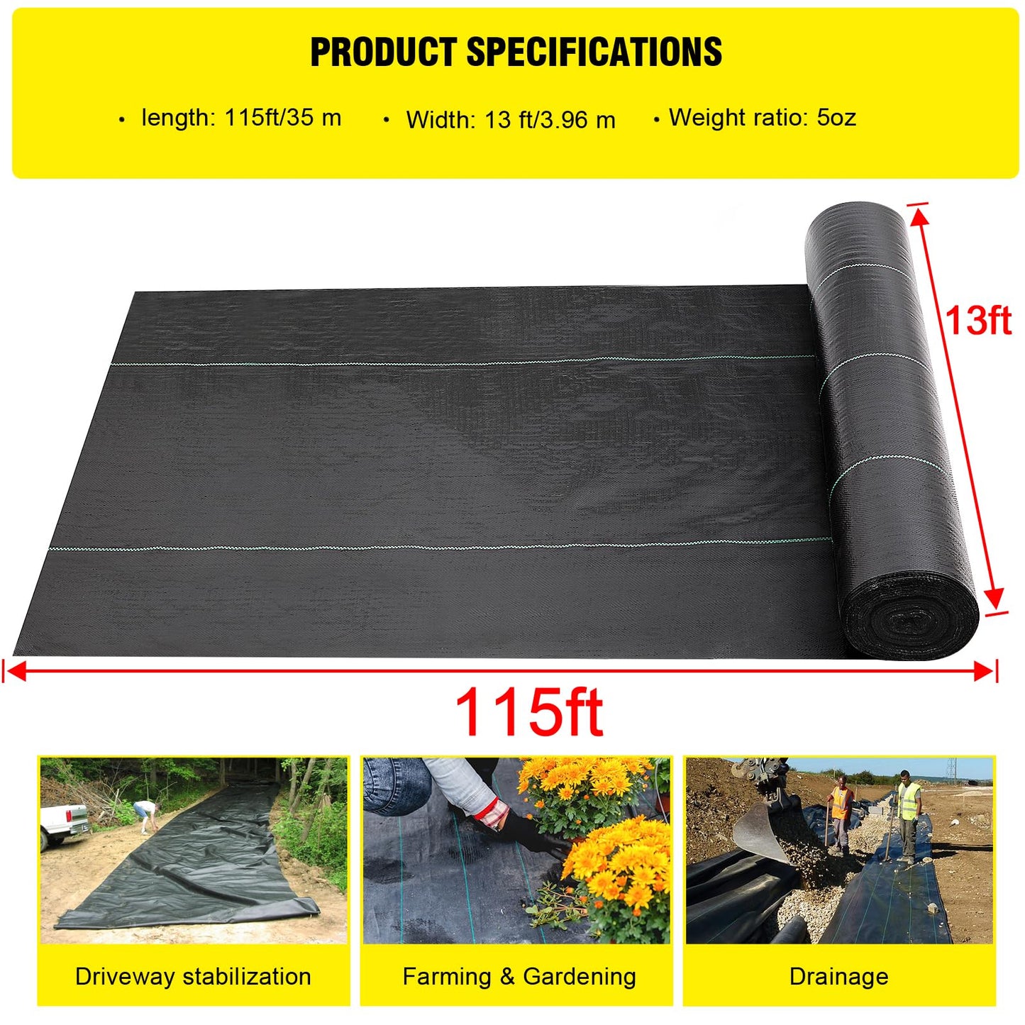 Doniks 13x115ft Driveway Fabric,5OZ Commercial Heavy Duty Weed Barrier Fabric, Garden Landscape Fabric,French Drain Fabric for Erosion Control,Landscape Fabric,Weed Barrier,Construction Projects