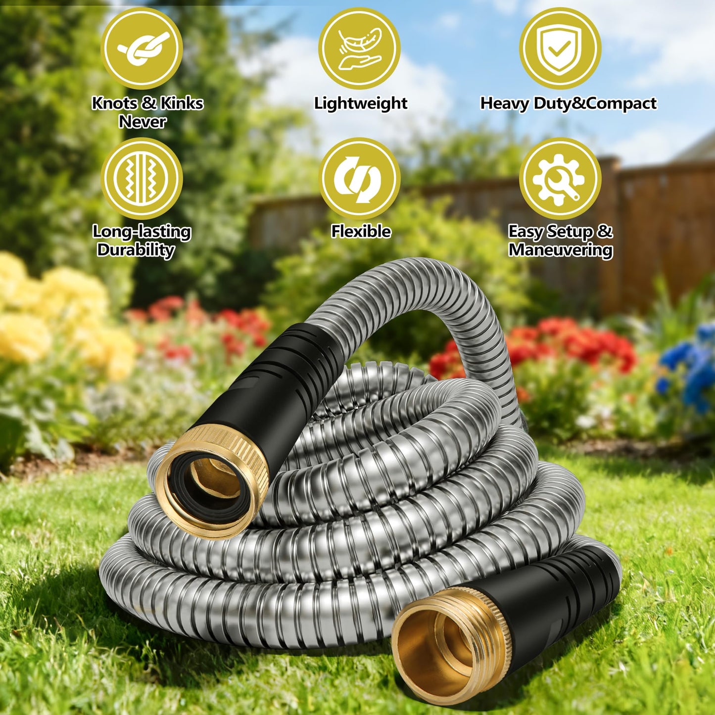100 ft Stainless Steel Garden Hose - 2026 New Upgraded Metal Water hose - Flexible Water Hoses Pipes with Latex Core, 3/4" Solid Brass Connector - No-Expandable Watering Garden Hoses