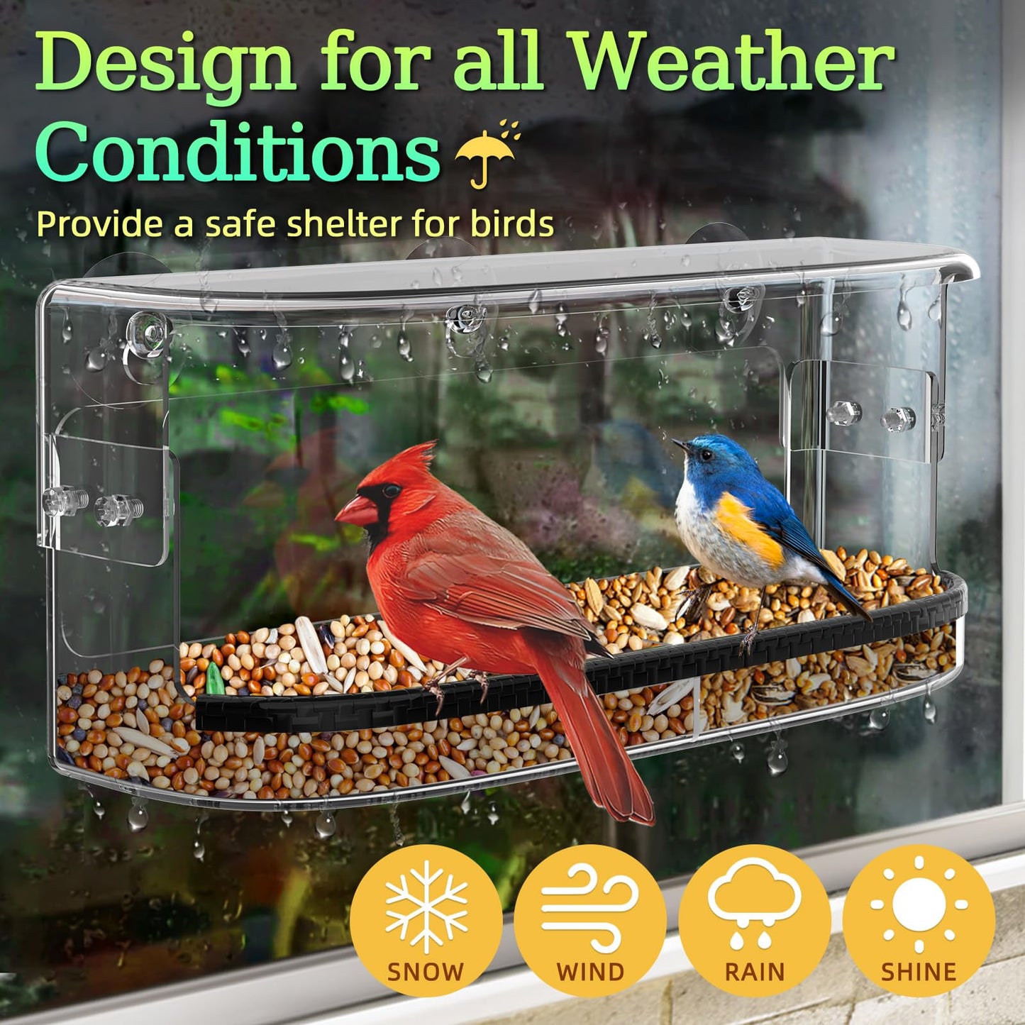 Ermete Window Bird Feeder with Strong Suction Cups, Large View Clear Feeder, Seed Tray, 13in x 5.5in x 4.2in for Outside Weather Proof (Style 1)