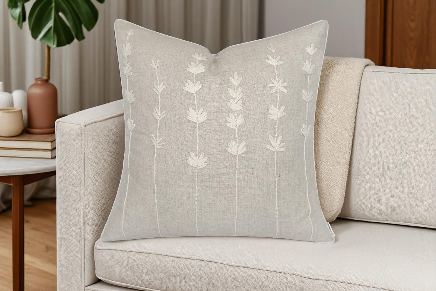 VAGMINE Hand Embroidered Linen Throw Pillow Cover 18x18 – Natural Square Decorative Accent Cushion for Sofa, Bed & Couch – Daisy