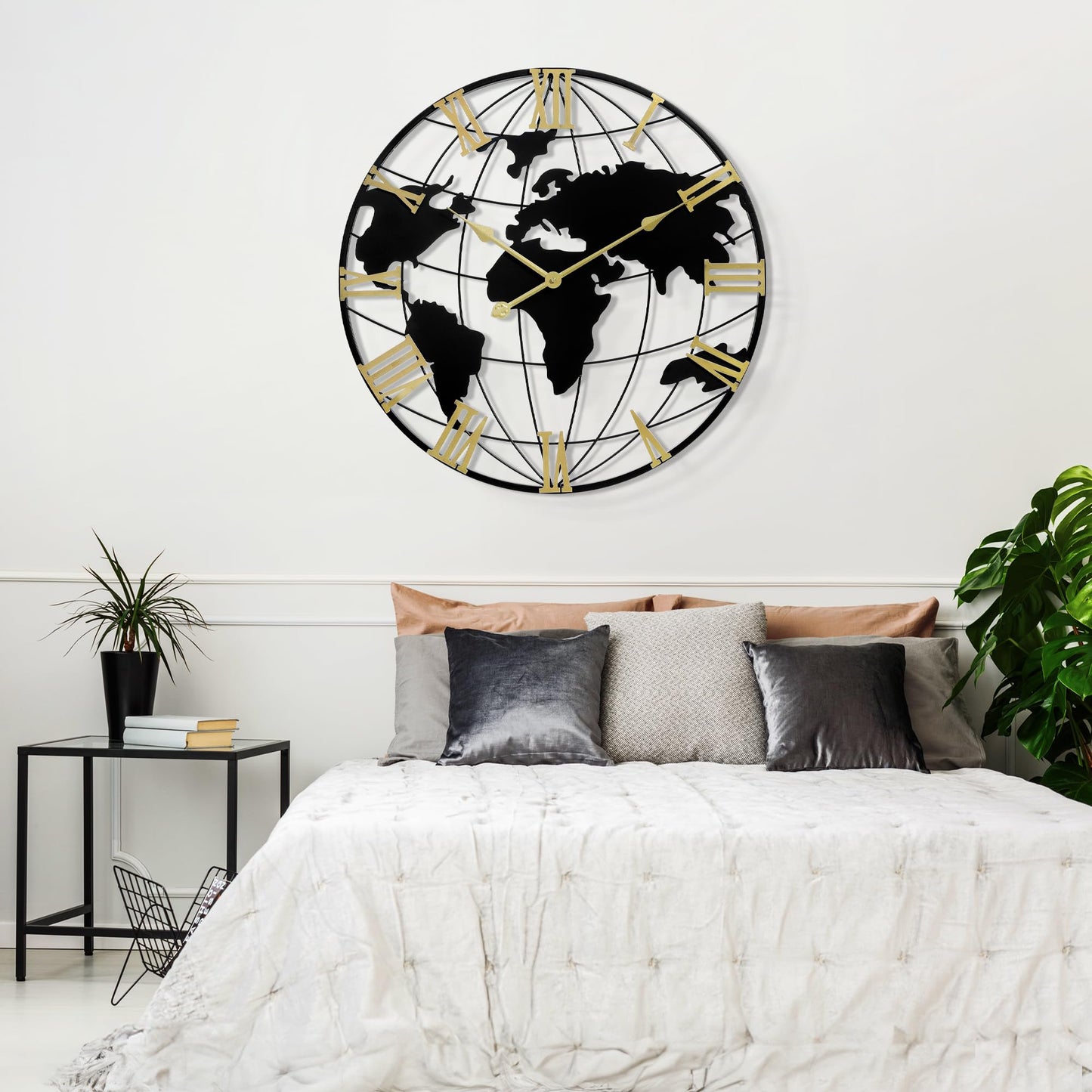 LEIKE Large Wall Clock 24IN, World Map Modern Style Wall Clocks, Big Clock for Wall Living Room Decor, Office Wall Decor, Silent Non-Ticking for Bedroom, Kitchen, School