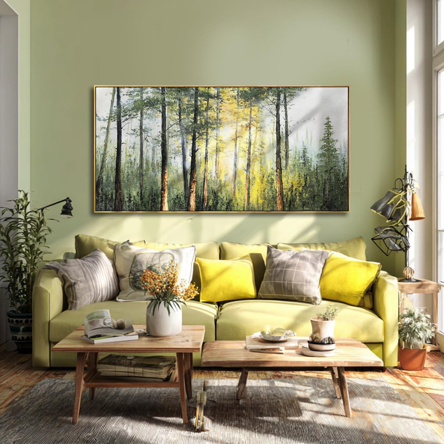 Landscape Framed Canvas Wall Art,Green Nature forest Artwork Prints,Tree Sunrise Scenery Wall Decor for Living Room Bedroom Office 24"x48"
