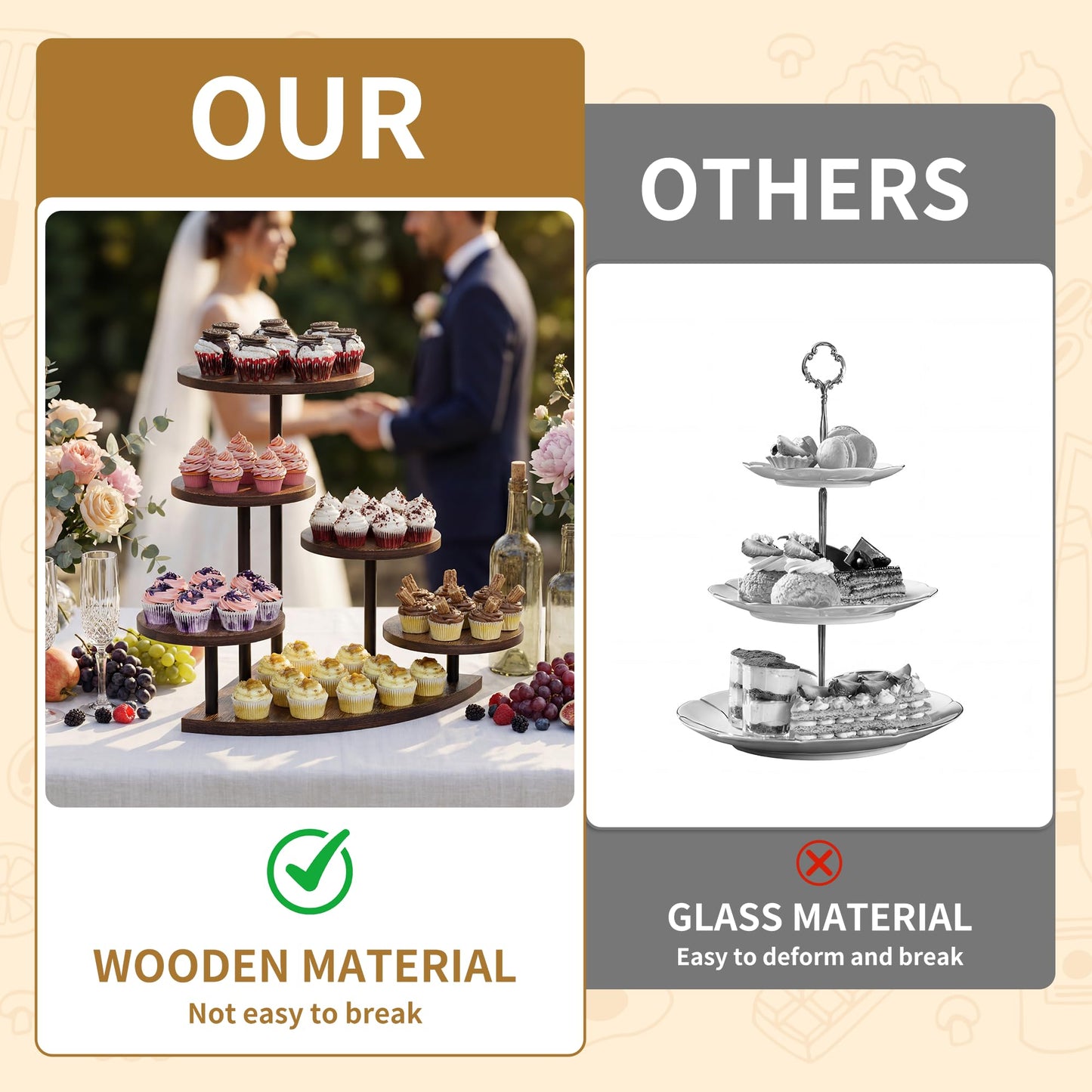 Cake Stand for Cupcake Dessert Display - 6 Tiered Corner Tray Dessert Table Stand, Cupcake Tower for 102 Cupcakes, Wood Cake and Cup Cake Stand Combo Serving Trays for Party Wedding Birthday