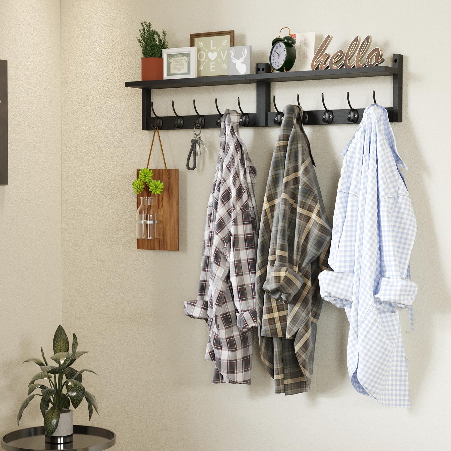 AMBIRD 34.2" Extra Long Wooden Wall Hook Rack with Shelf - Versatile and Decorative Wall-Mounted Storage with 10 Hooks for Coats, Hats, Keys - Ideal for Entryways, Bedrooms, Closets (Stylish Black)