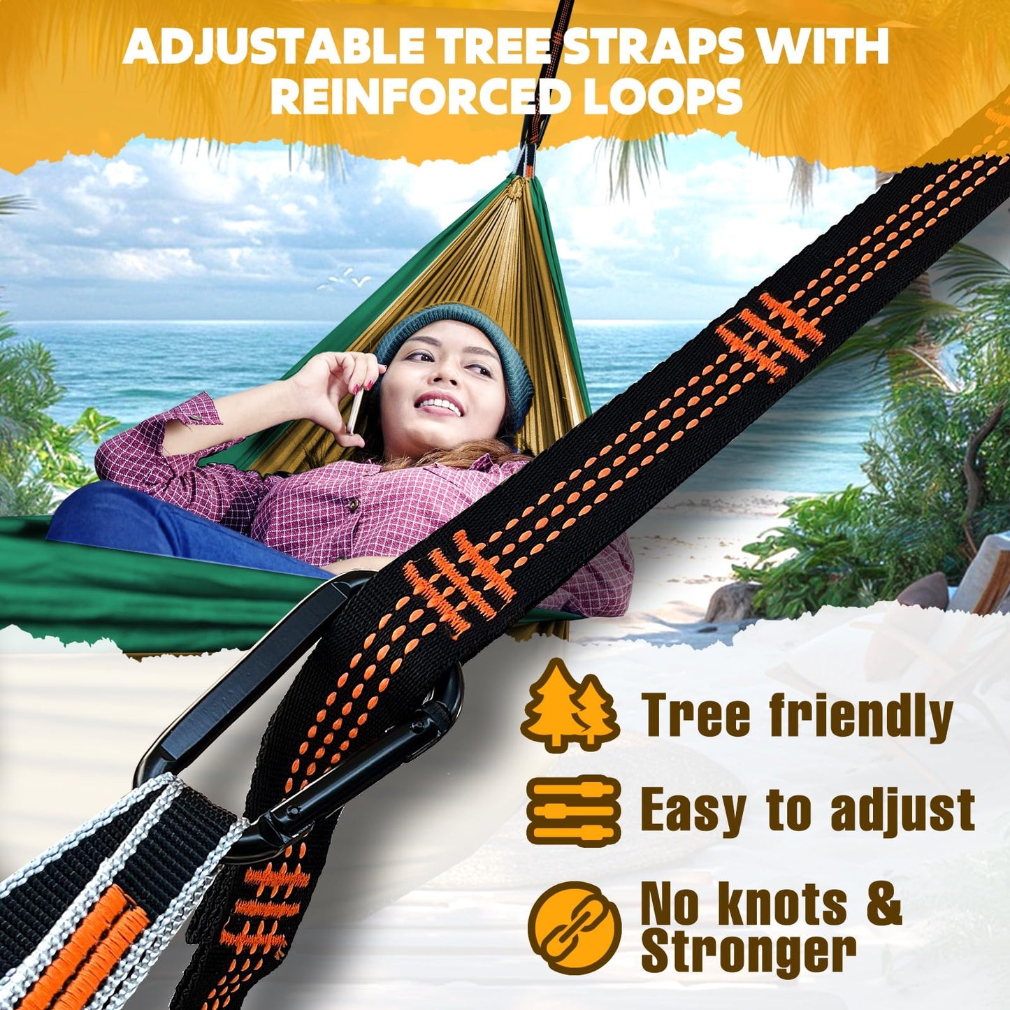 NATUREFUN Ultra-Light Travel Camping Hammock | 300kg Load Capacity,(275 x 140 cm) Breathable,Quick-Drying Parachute Nylon | 2 x Premium Carabiners,2 x Nylon Slings Included | Outdoor Indoor Garden