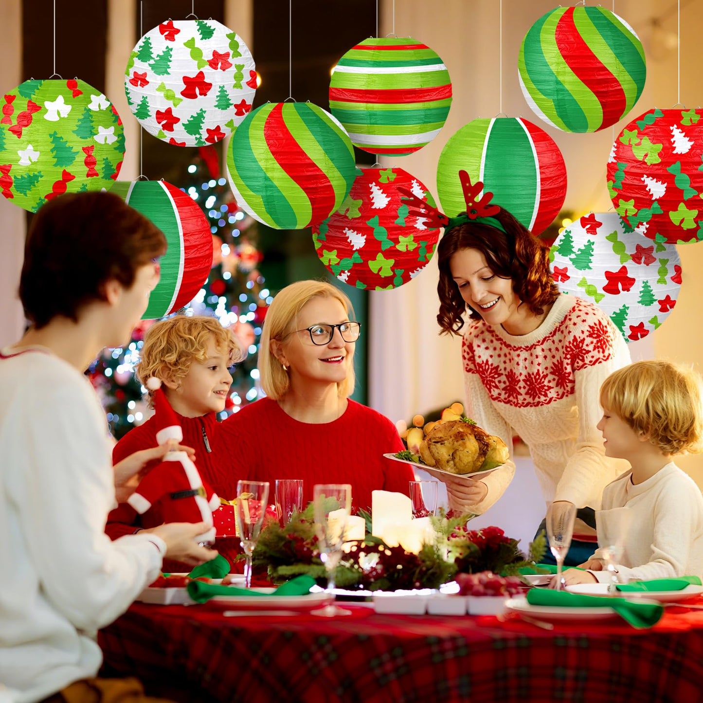 ADLKGG Christmas Party Decorations, Red Green Christmas Trees Bell Candies Printed Paper Lantern Decorative for Holiday Xmas Party Baby Shower Birthday Indoor Outdoor, 12Pcs