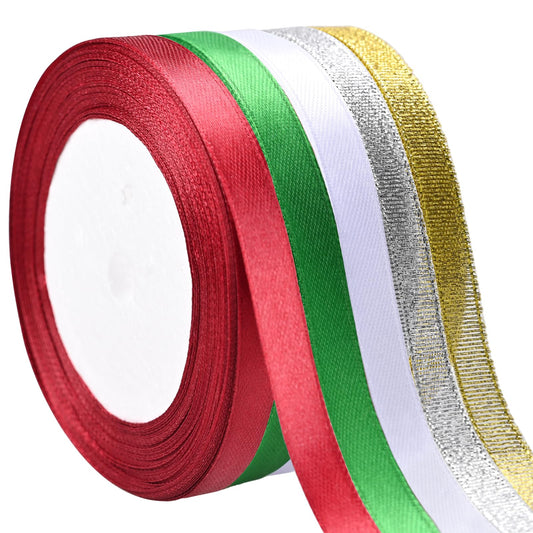 Showin 5 Rolls 125 Yards Christmas Ribbons, 10mm Wide Metallic Glitter Fabric Holiday Festival Satin Ribbons for Christmas Gift Wrapping Decoration