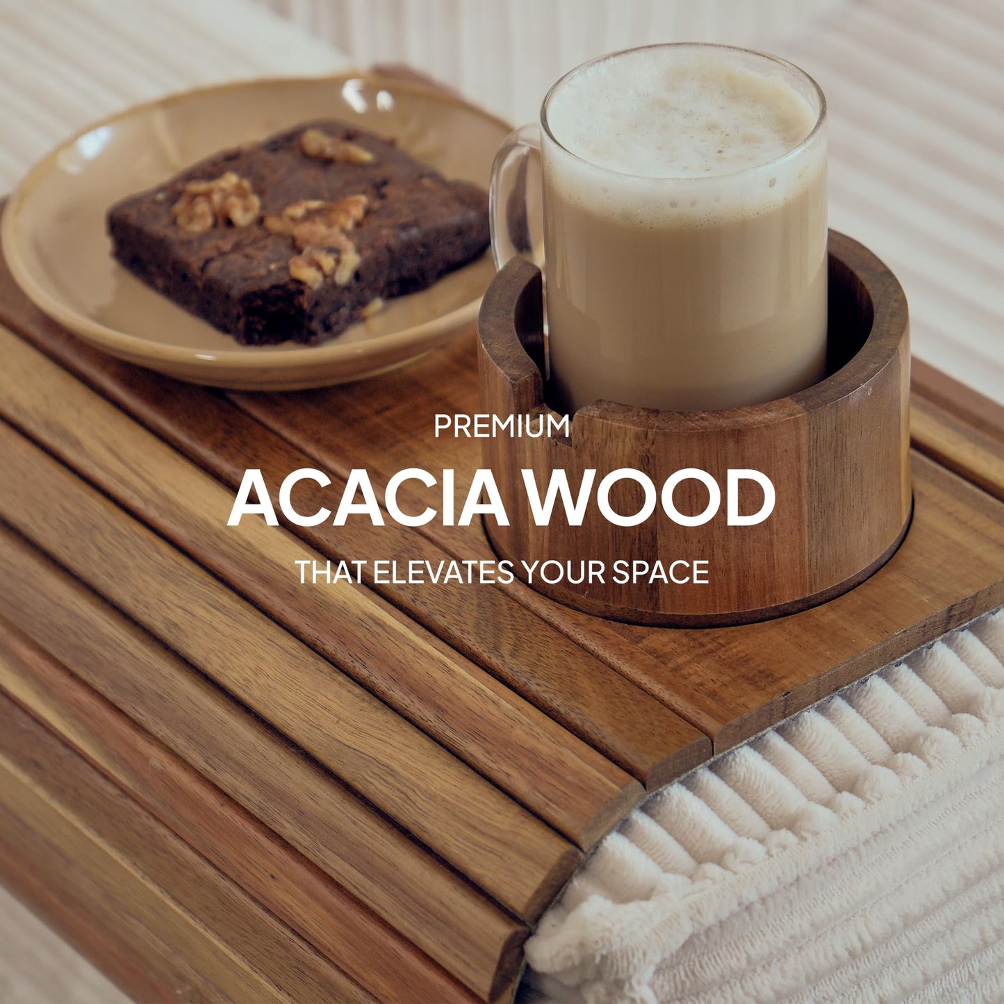 Acacia Couch Arm Tray for Drinks and Snacks with Detachable Cup Holder, Anti Slip Base and Foldable Design, Wooden Sofa Arm Tray for Convenient Couch Side Use